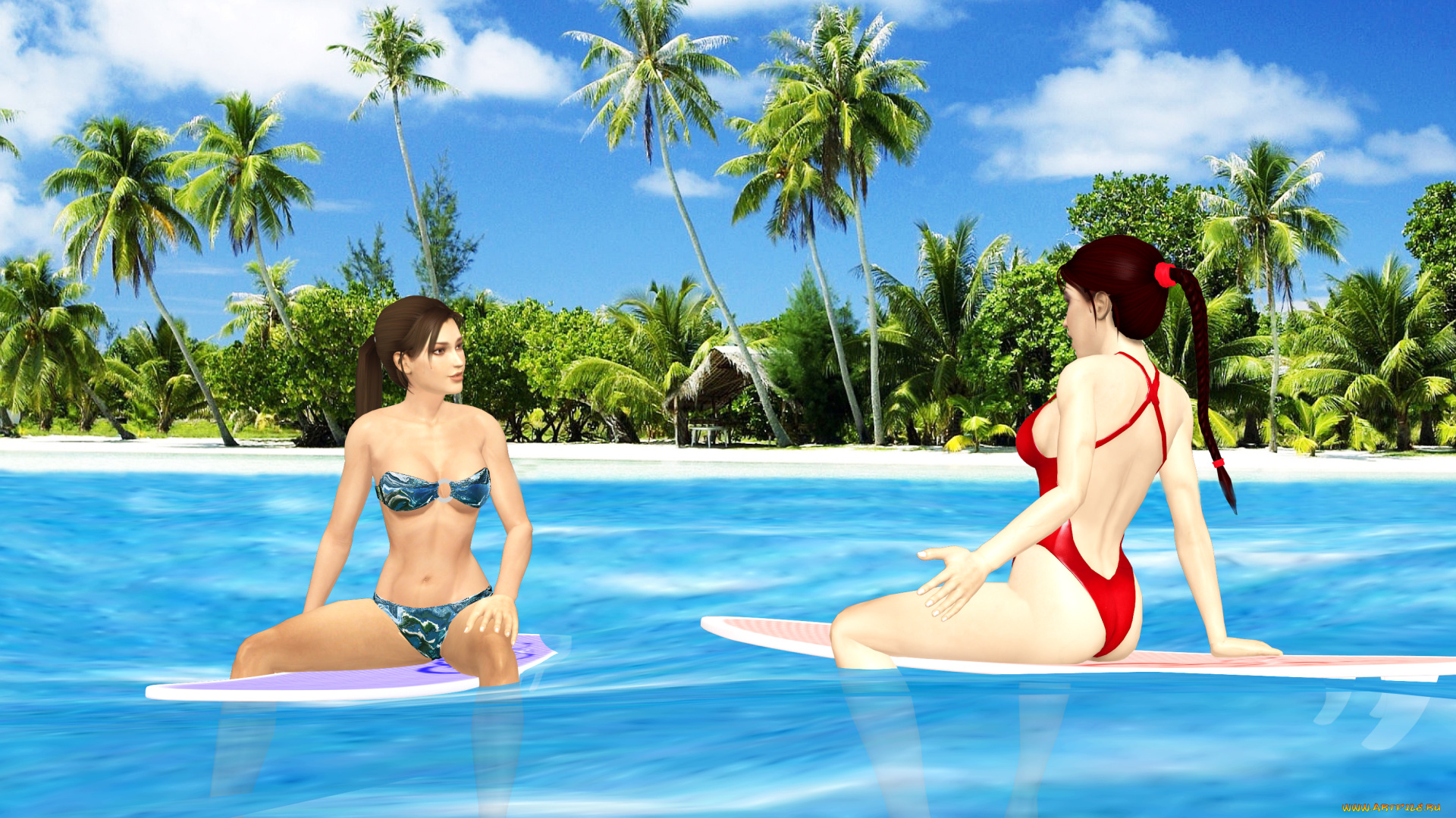 3д, графика, спорт, , sport, фон, взгляд, девушки, волны, серфинг, море