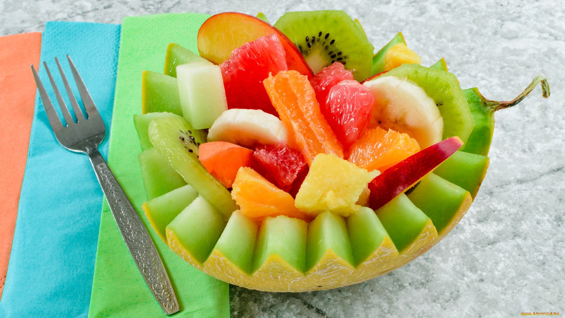 еда, мороженое, , десерты, яблоко, киви, фруктовый, салат, вилка, дыня, банан