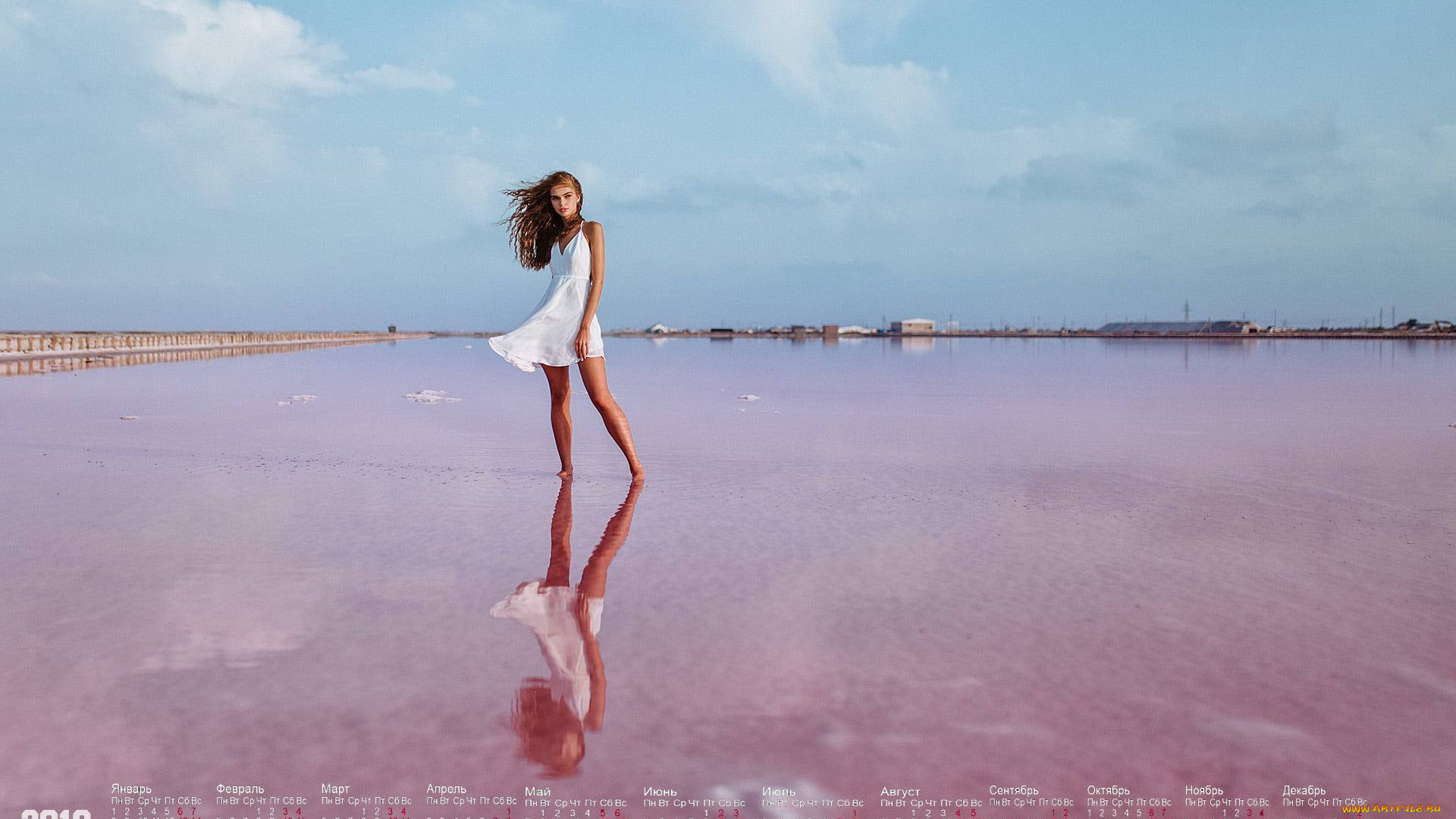 календари, девушки, водоем, отражение