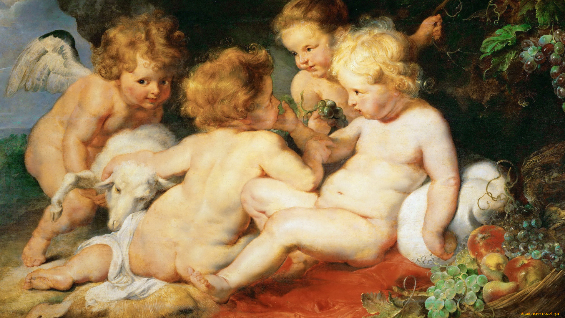 рисованное, живопись, религия, питер, пауль, рубенс, маленькие, иисус, иоанн, креститель, и, два, ангела, мифология, картина, pieter, paul, rubens