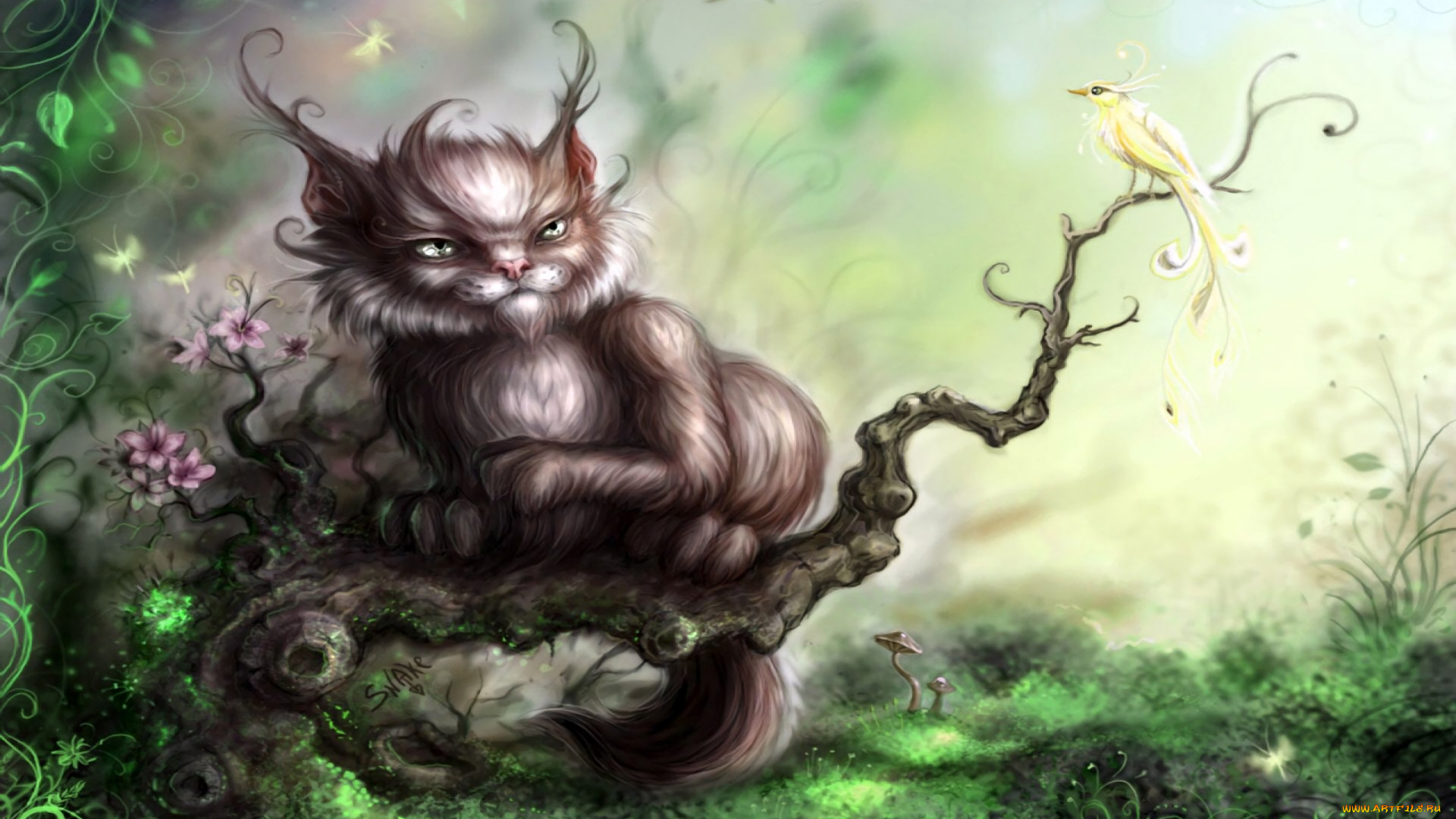 рисованное, животные, , коты, птичка, кот