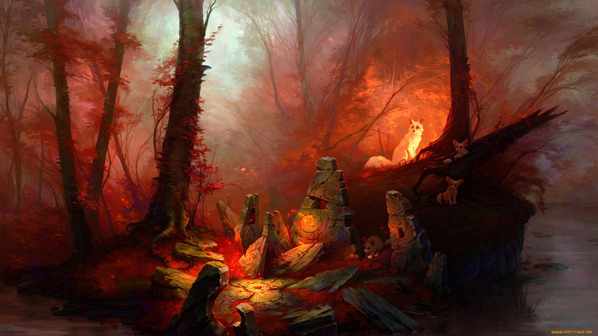 рисованное, животные, , лисы, лисята