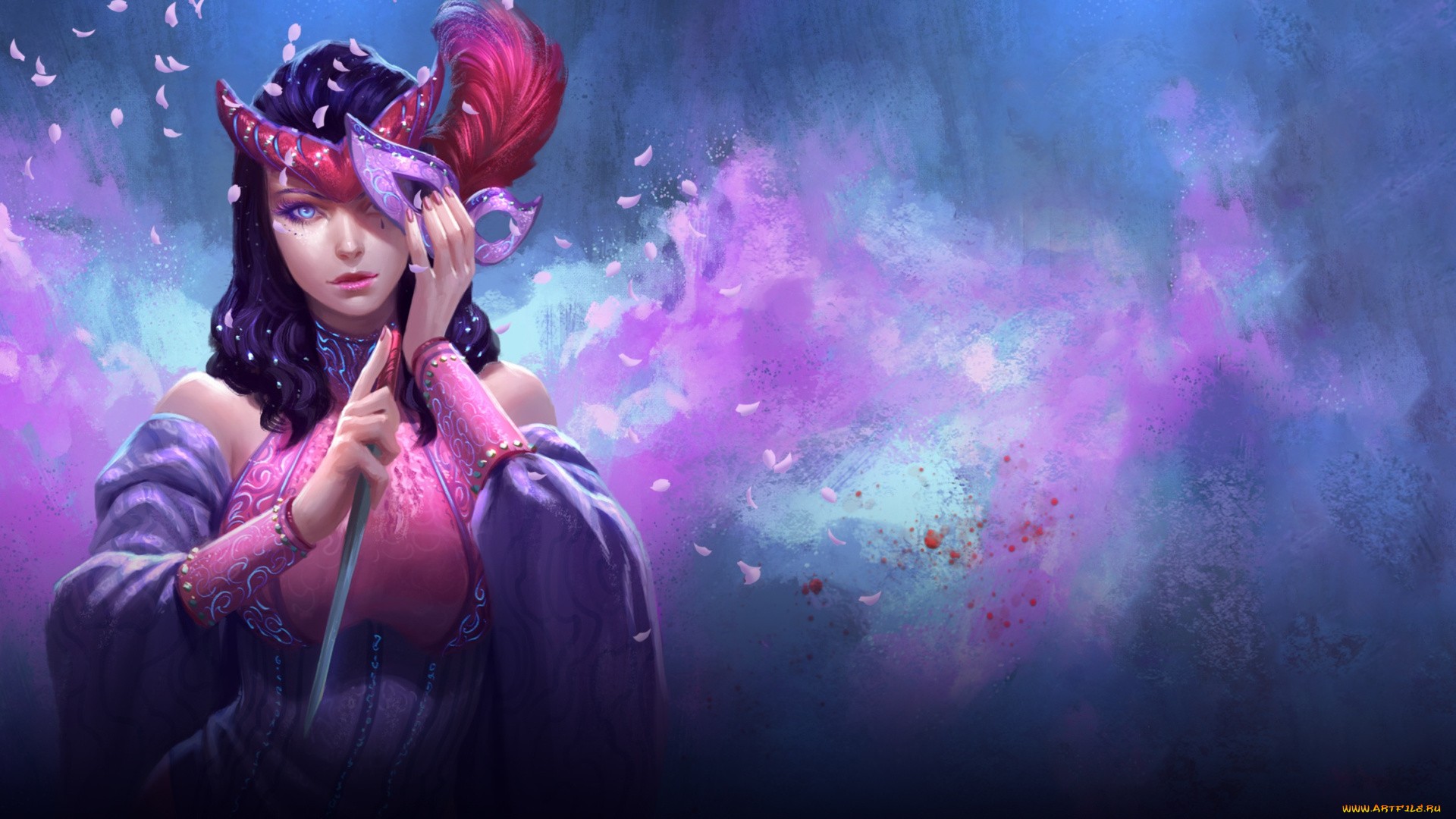 фэнтези, девушки, взгляд, девушка, фон, перья, лепестки, маска, арт