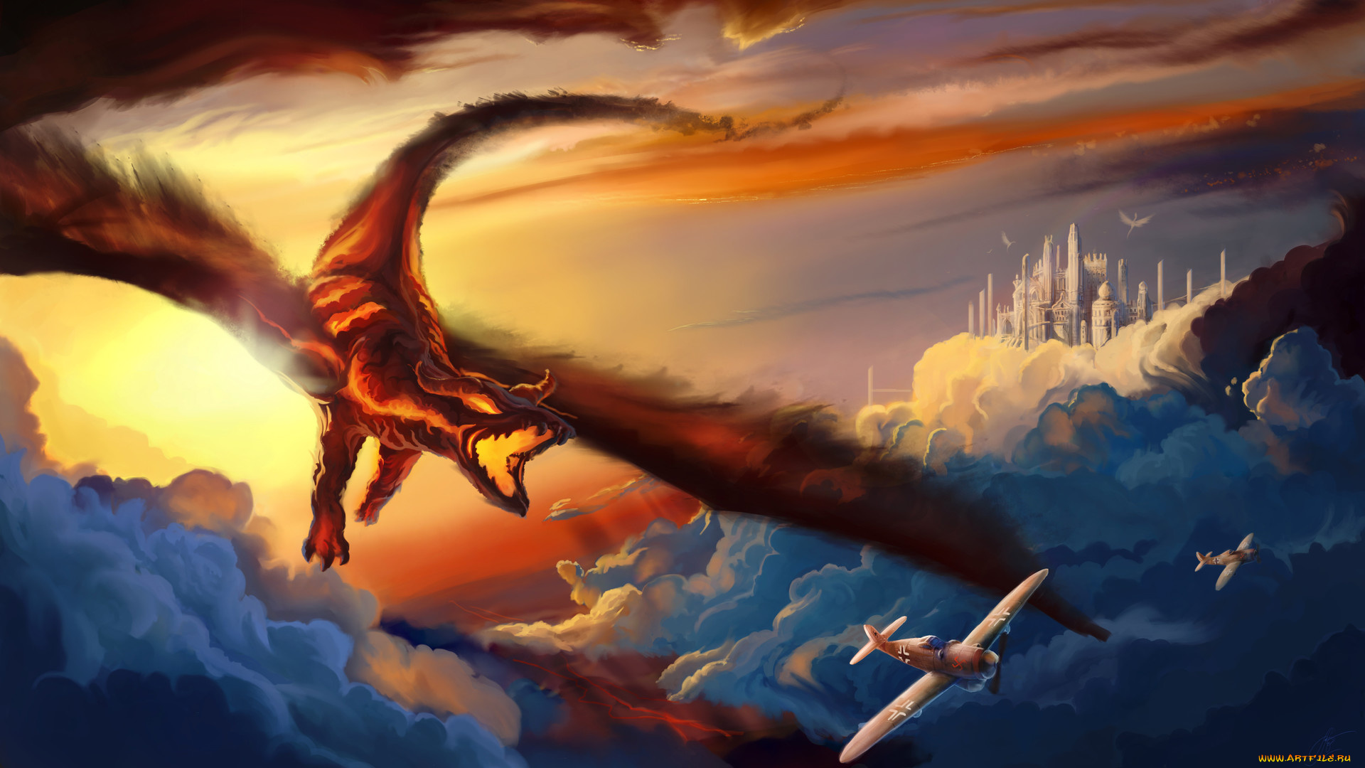 фэнтези, драконы, летит