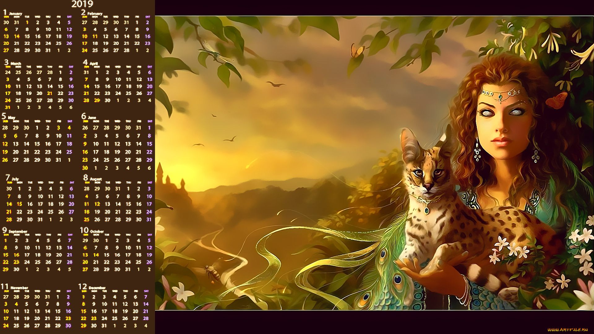 календари, фэнтези, цветы, животное, женщина
