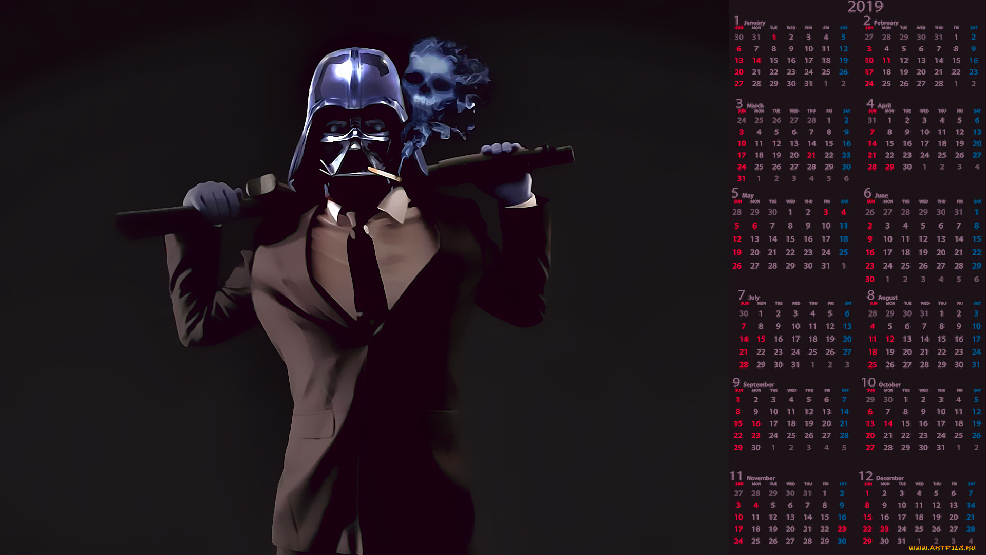 календари, фэнтези, сигарета, маска, оружие, галстук