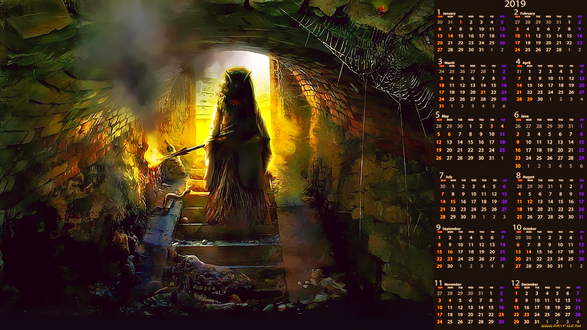 календари, фэнтези, ступени, паутина, пещера