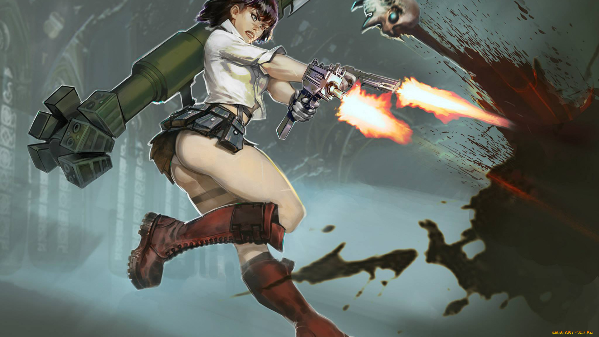 рисованное, комиксы, оружие, пистолет, фон, девушка