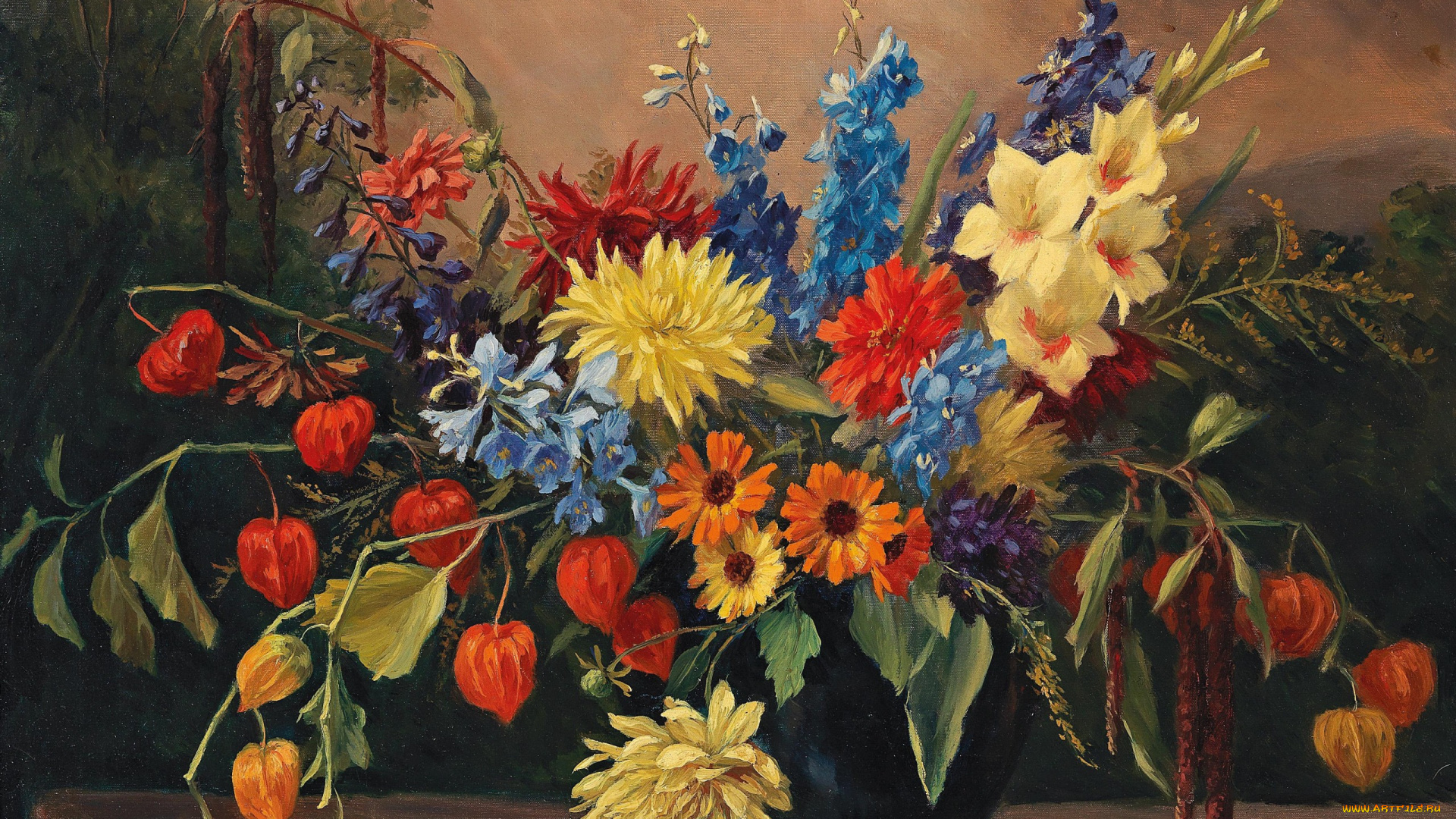 рисованное, живопись, camilla, gobl-wahl, натюрморт, с, осенними, цветами, холст, картина