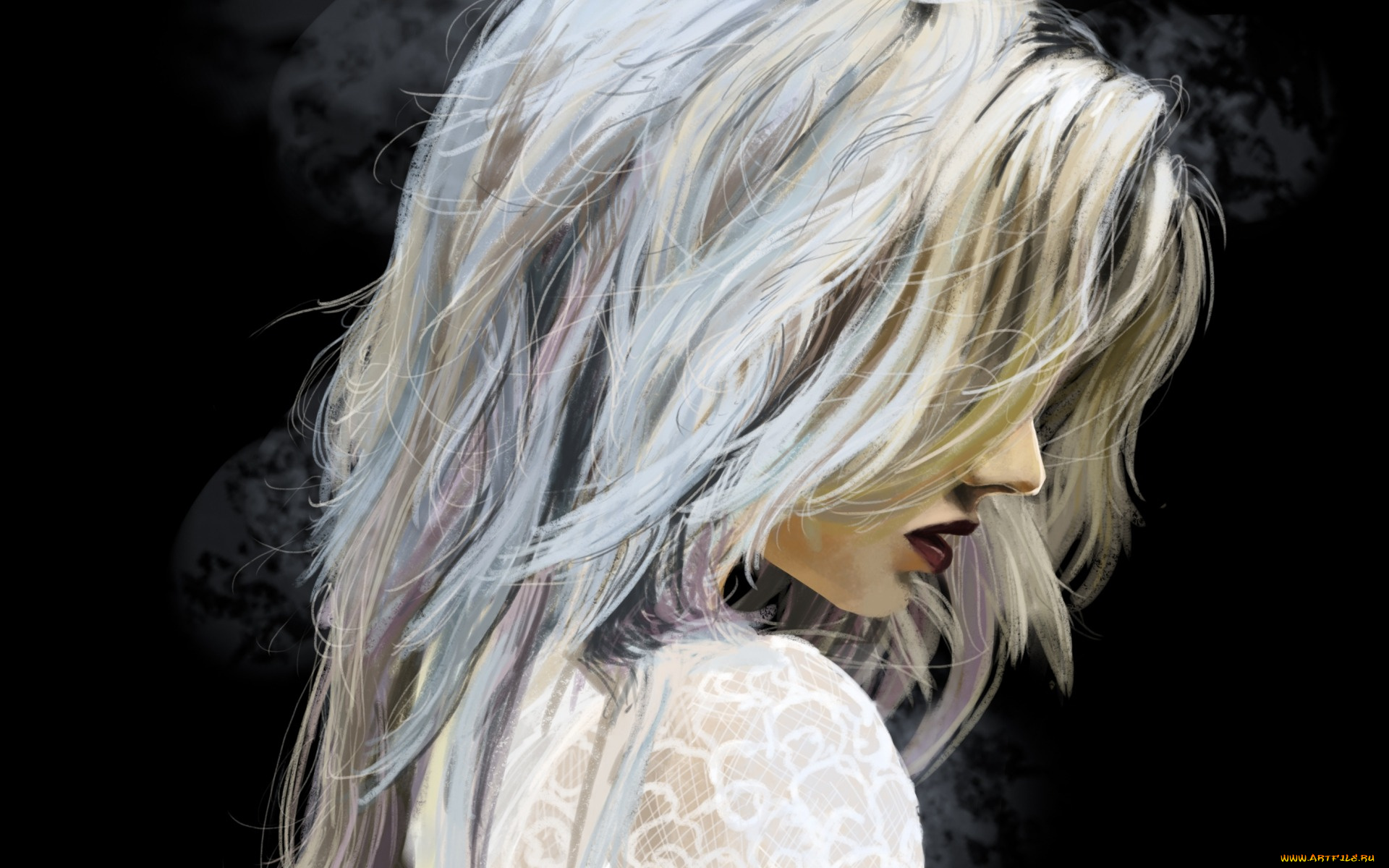рисованное, люди, девушка, волосы, арт, блондинка, губы, профиль, черный, фон