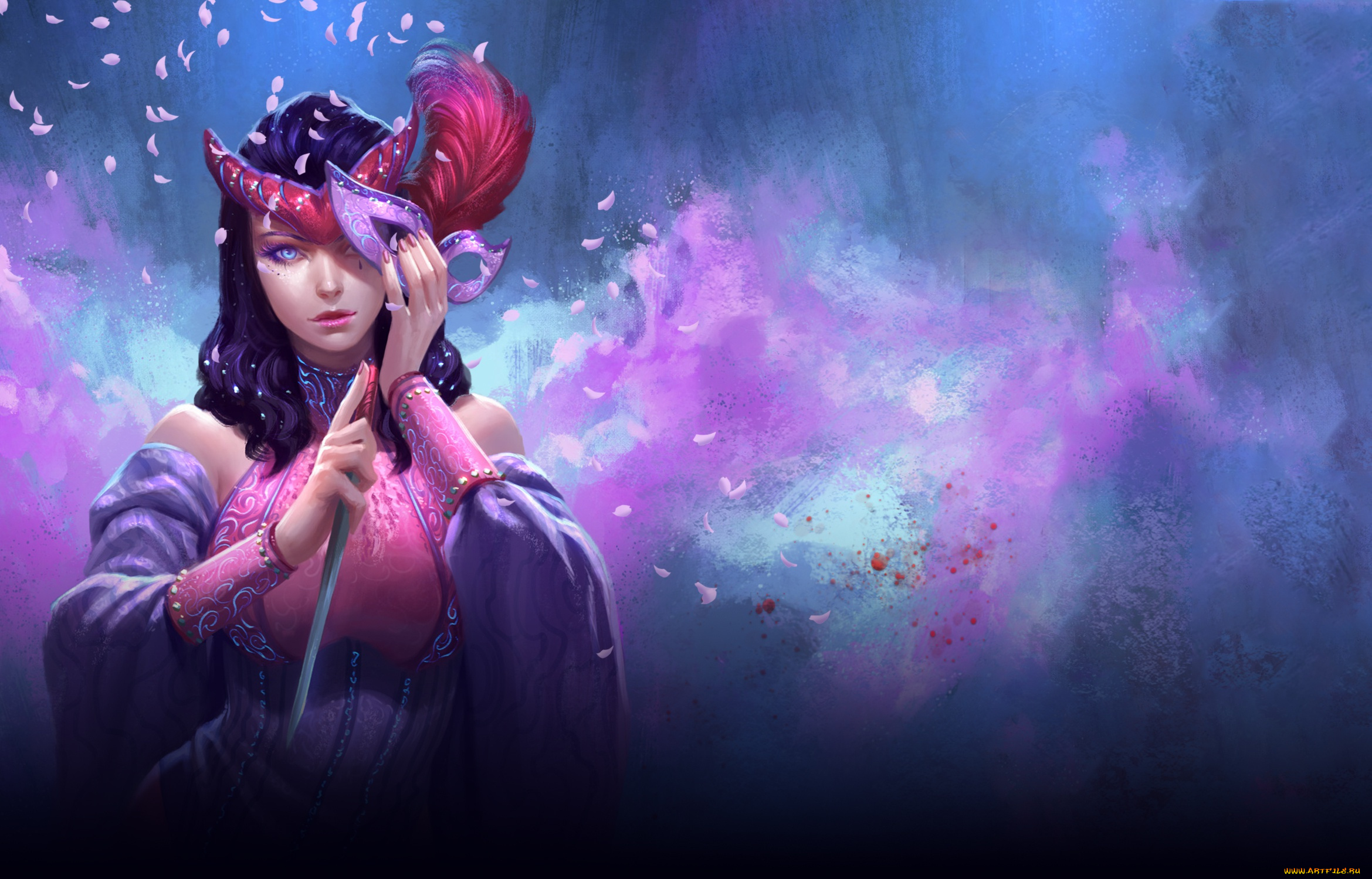 фэнтези, девушки, взгляд, девушка, фон, перья, лепестки, маска, арт