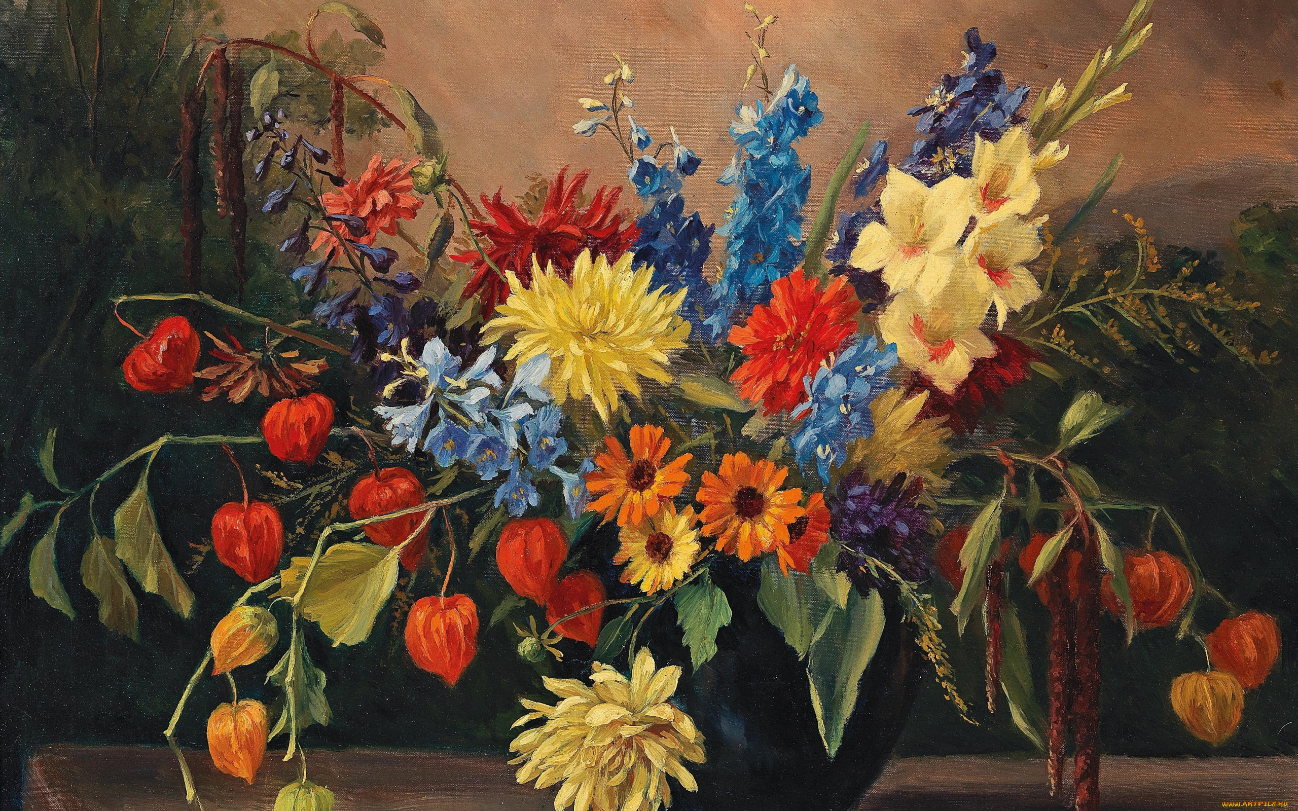 рисованное, живопись, camilla, gobl-wahl, натюрморт, с, осенними, цветами, холст, картина