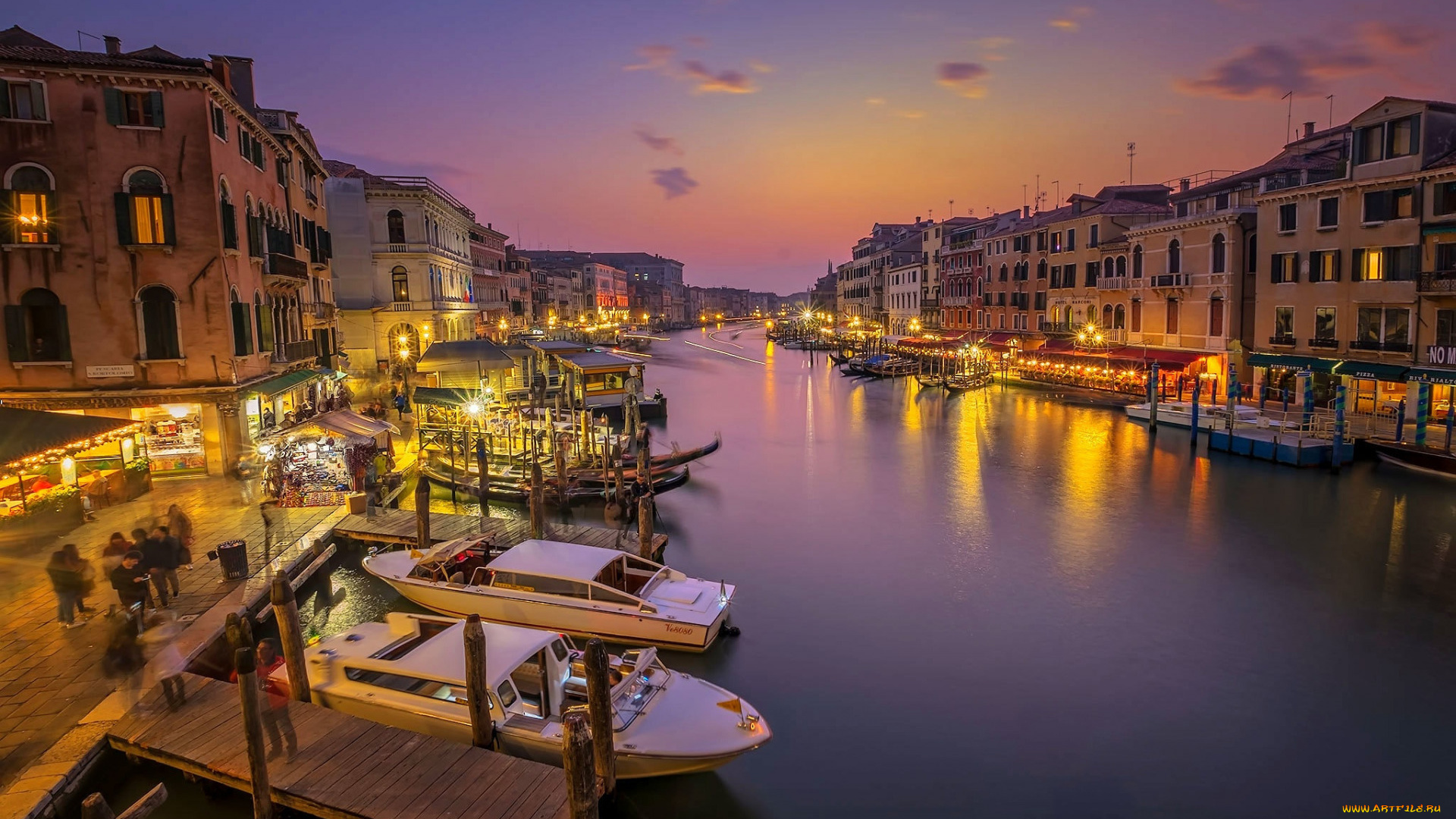 города, венеция, , италия, канал, вечер, огни