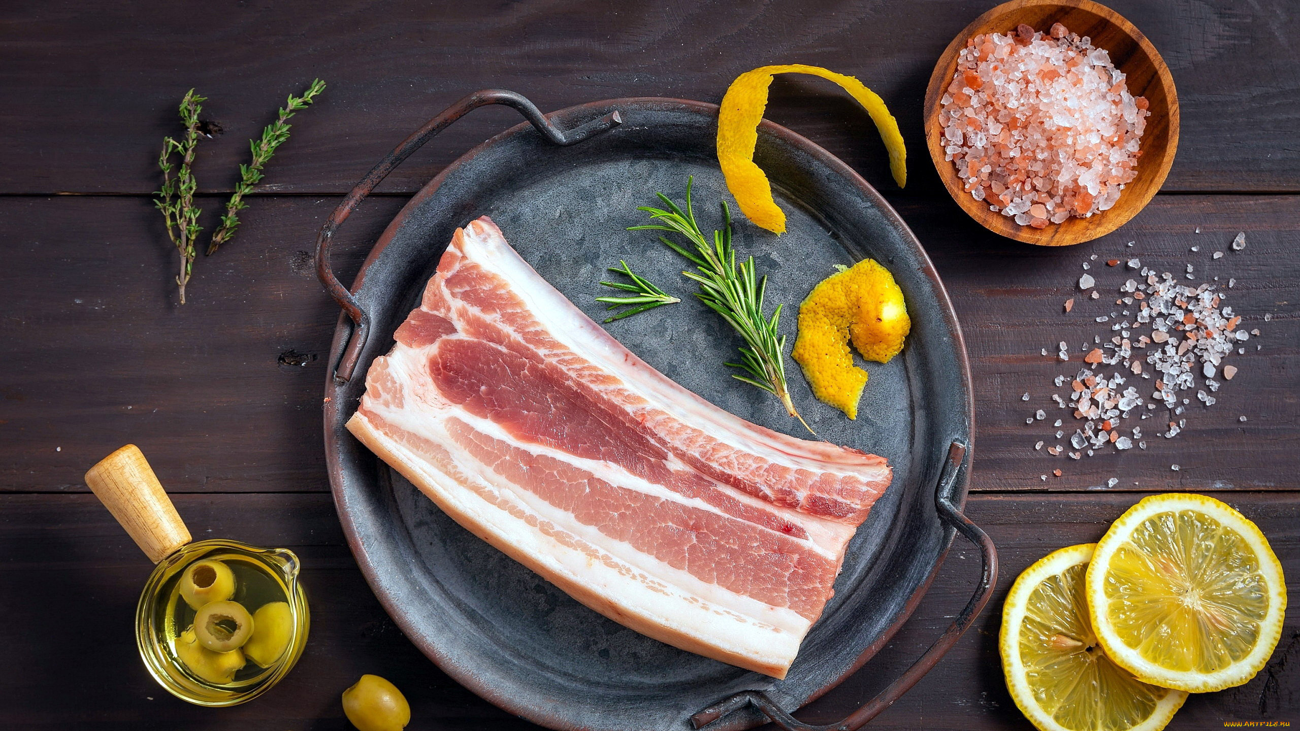 еда, мясные, блюда, свинина, мясо, лимон, соль, розмарин