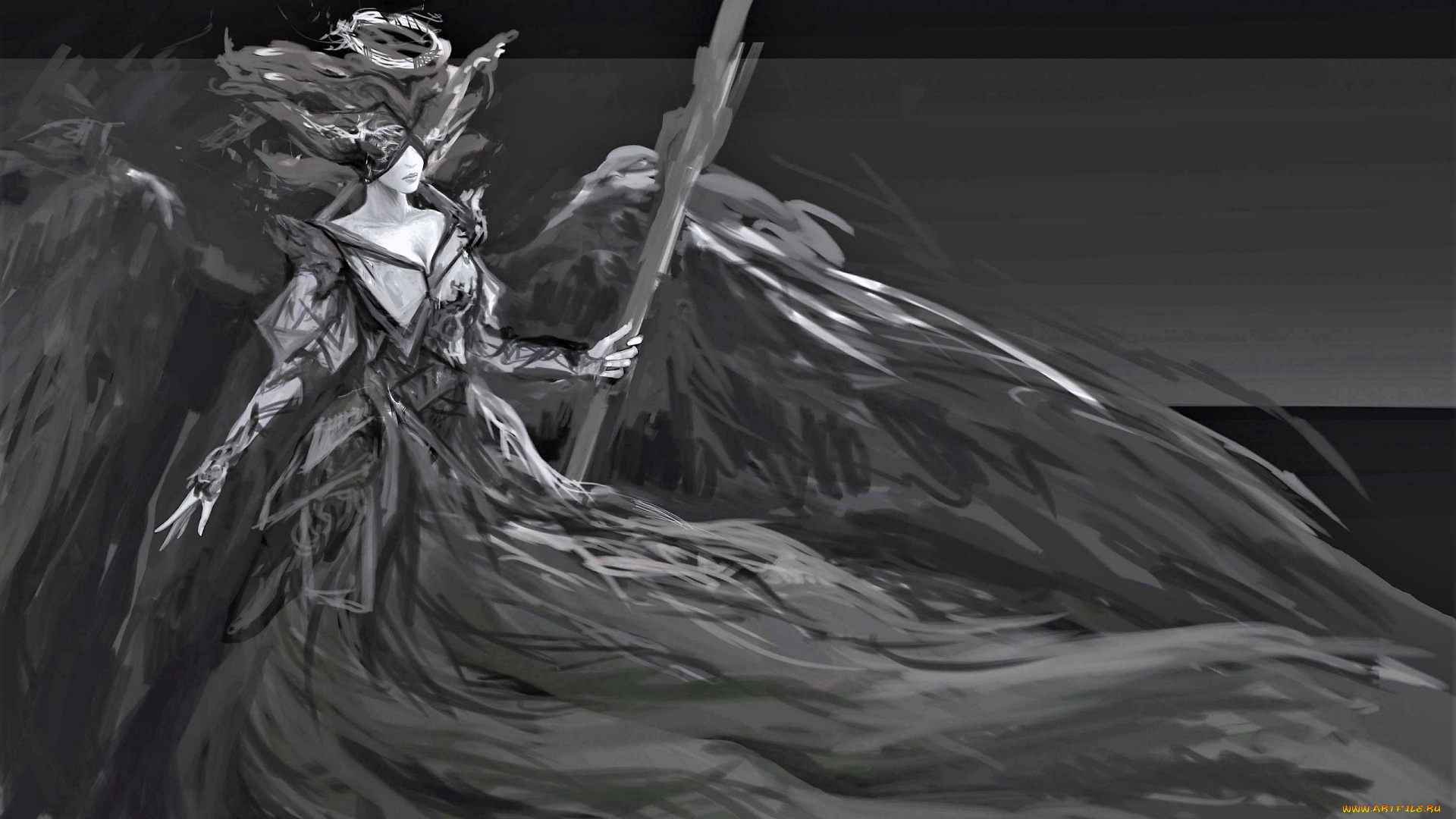 фэнтези, ангелы, девушка, крылья, посох