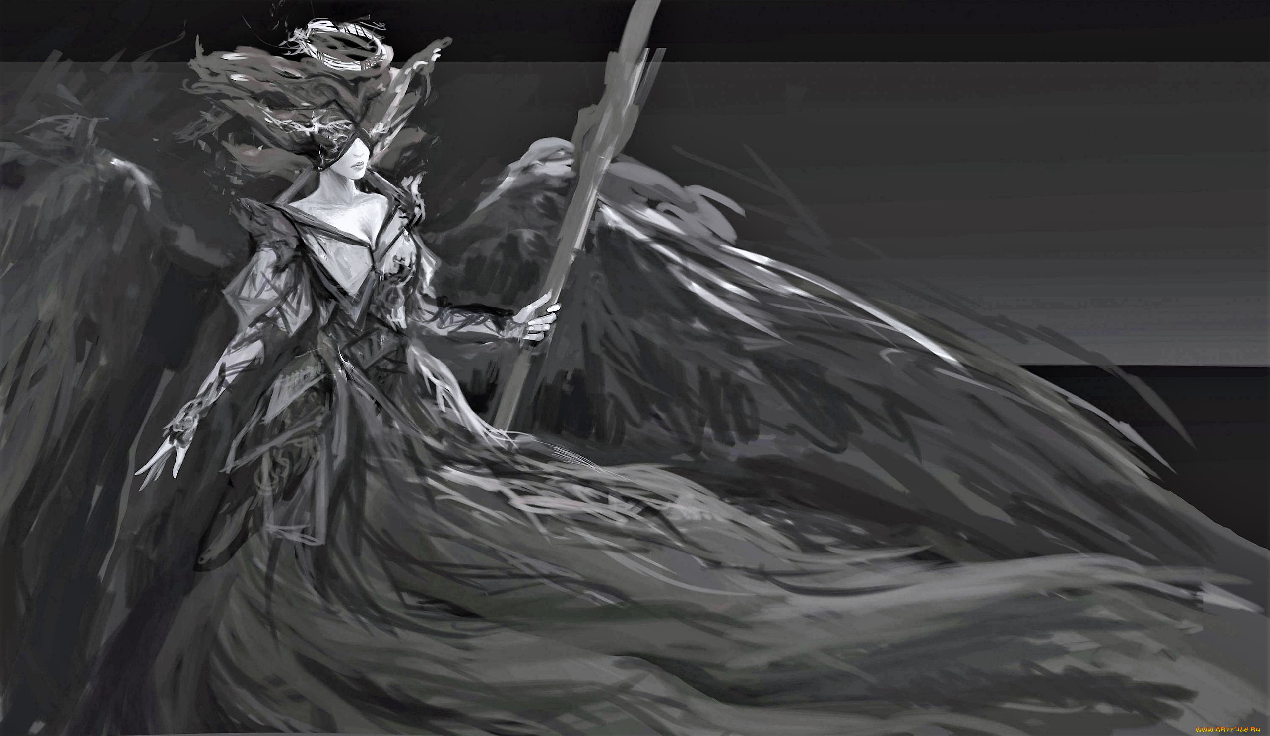 фэнтези, ангелы, девушка, крылья, посох