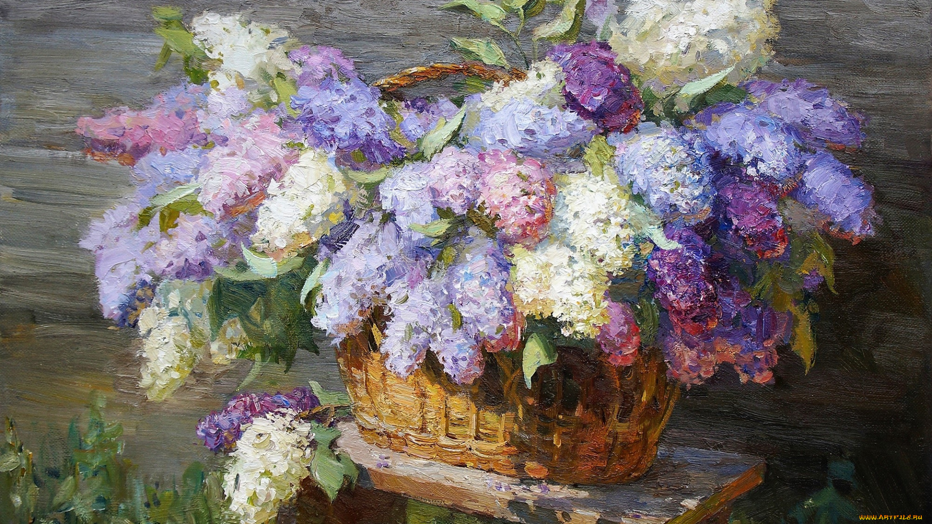 рисованное, живопись, букет, сирень, корзина, табуретка