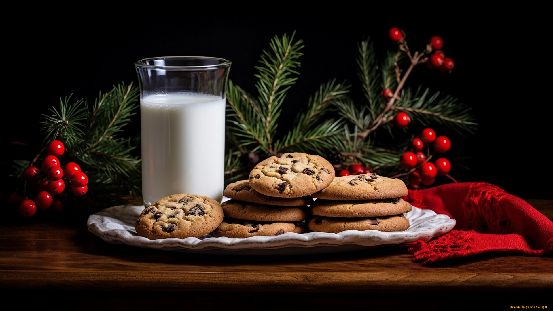праздничные, угощения, еловые, ветки, молоко, печенье
