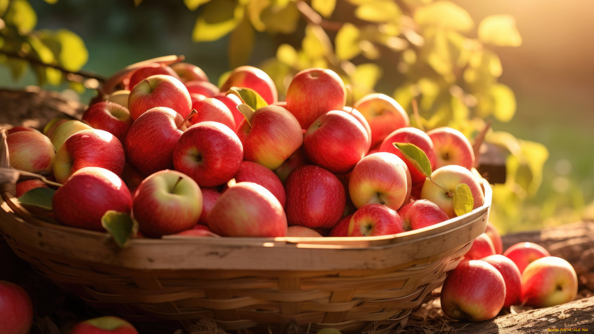 3д, графика, еда-, food, корзинка, яблоки, много, урожай