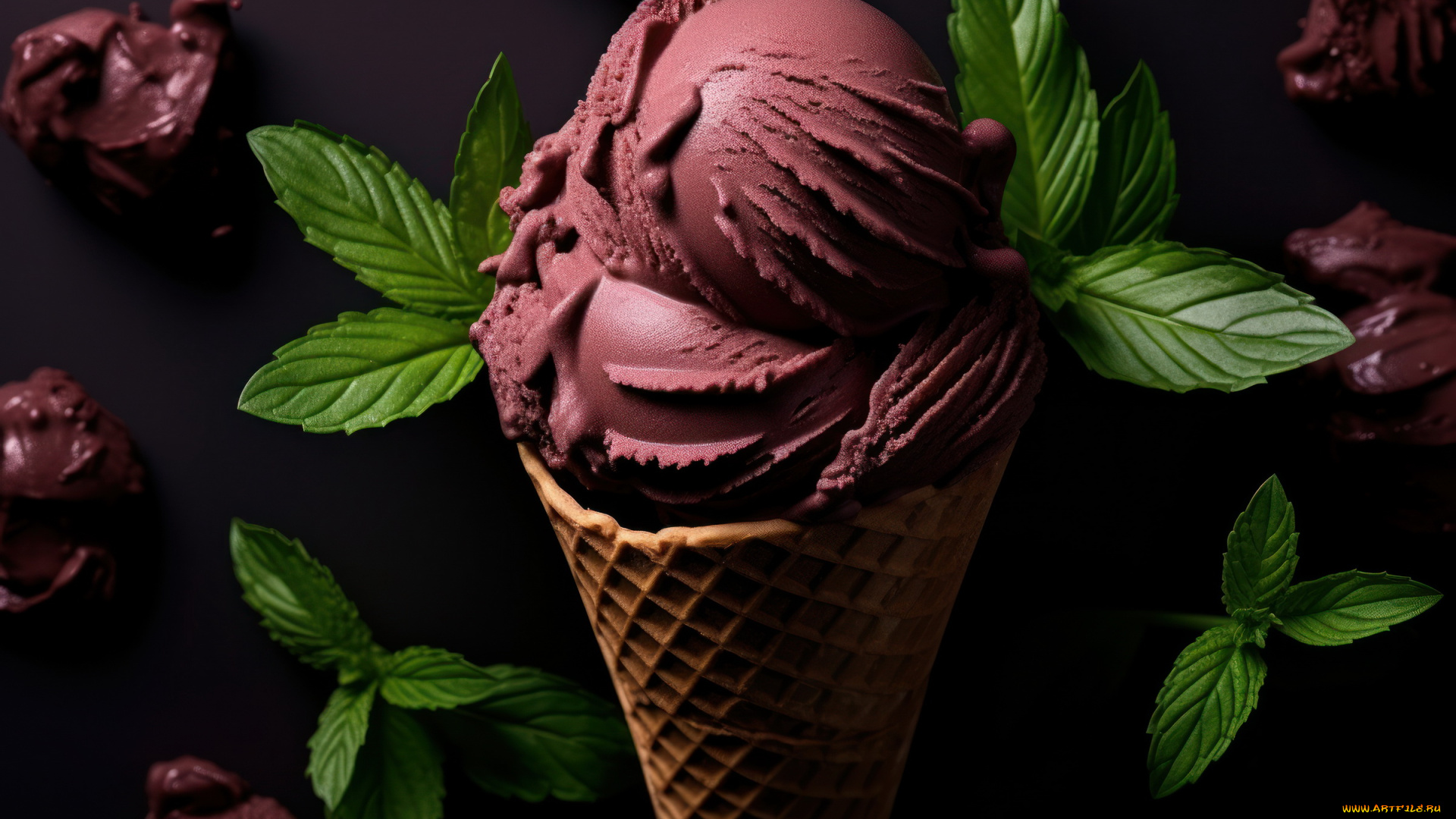 3д, графика, еда-, food, вафельный, рожок, шоколадное, мороженое, мята, десерт