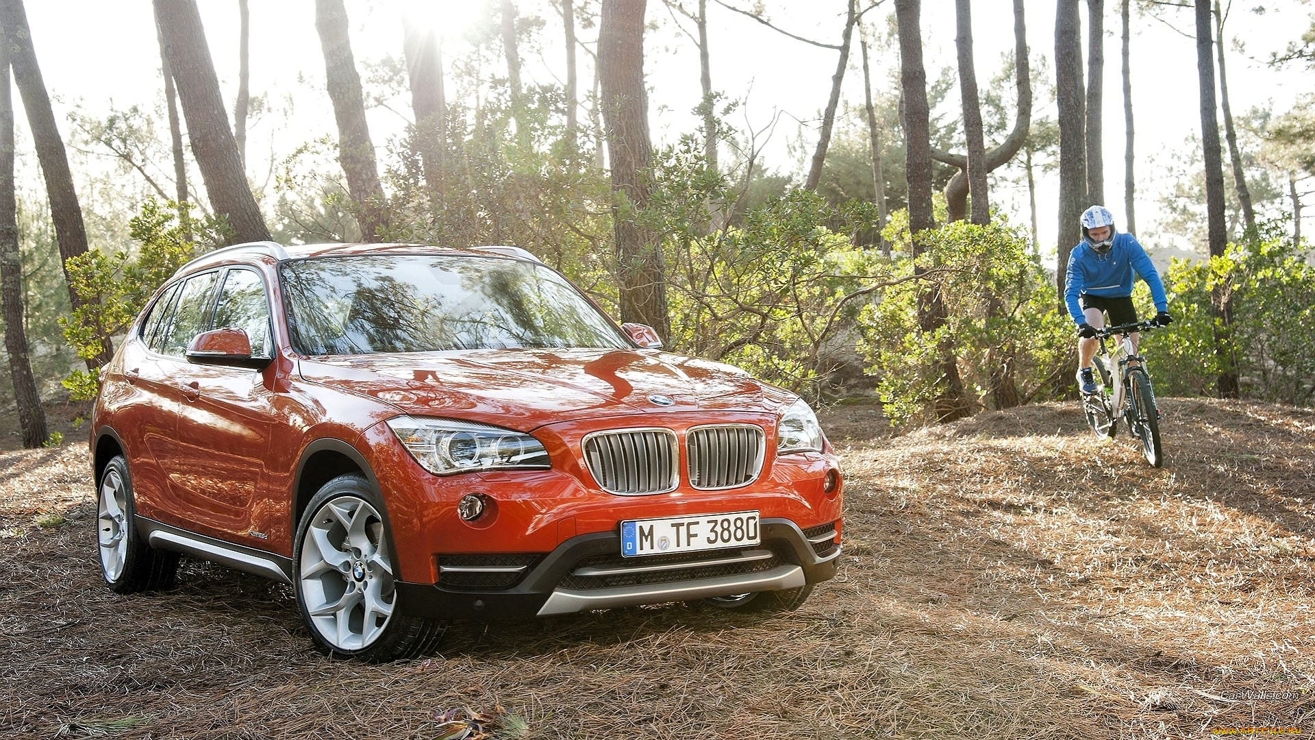bmw, x1, автомобили, bmw, красный, деревья, лес, холмы, велосипедист