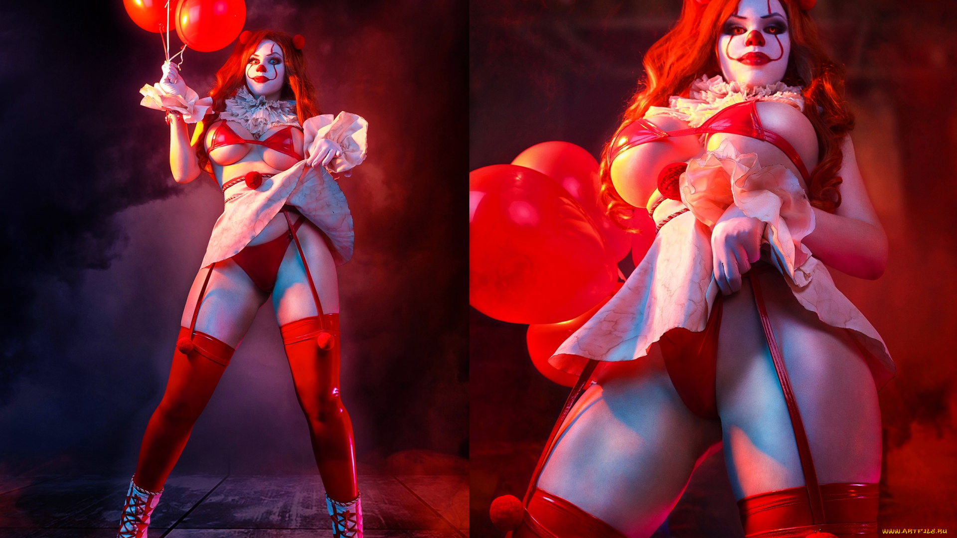 девушки, алиса, арефьева, образ, косплей, наряд, костюм, клоунесса, белье, чулки, шарики, upskirt, под, юбкой, трусики, приподняла, задралась, вид, спереди, снизу