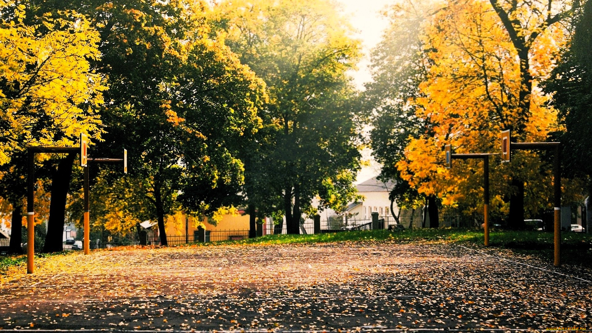 города, -, другое, площадка, сквер, деревья, осень, листья, дома