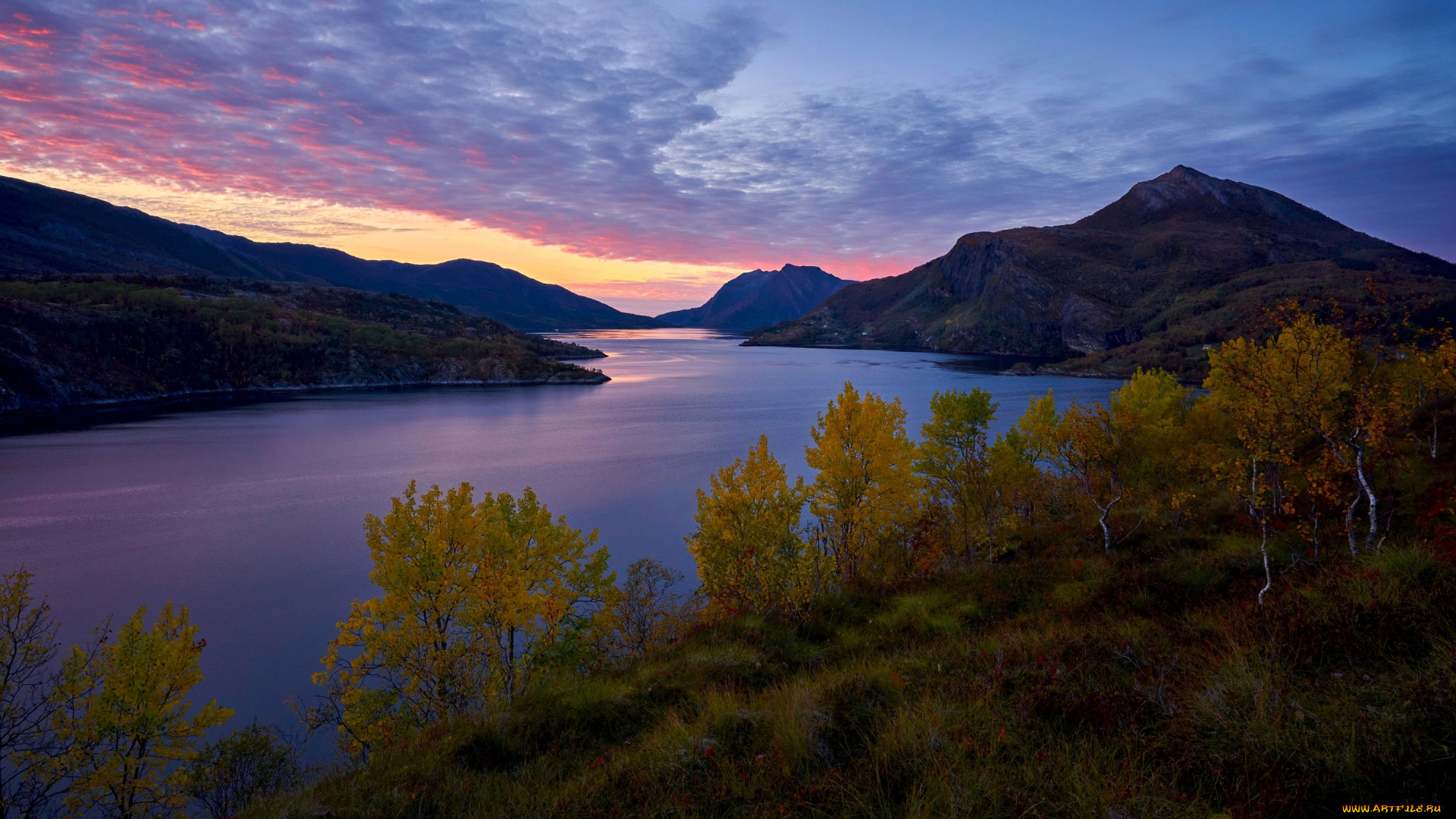 природа, реки, озера, небо, облака, закат, горы, река, осень, деревья
