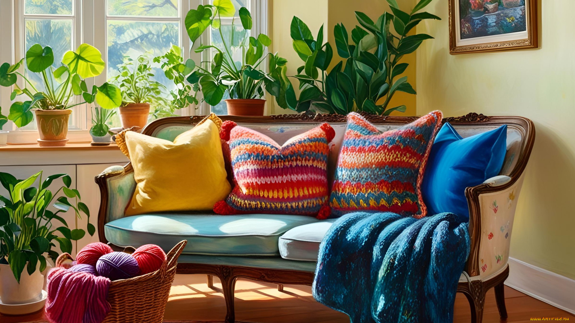 рисованное, -, другое, комната, диван, подушки, корзинка, вязание