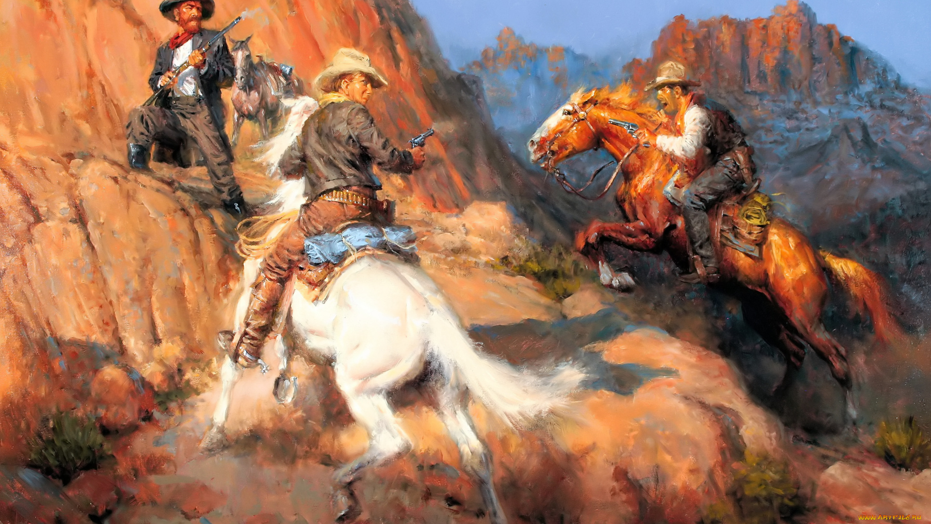 рисованное, andy, thomas, всадники, ковбои, лошади, оружие, скалы