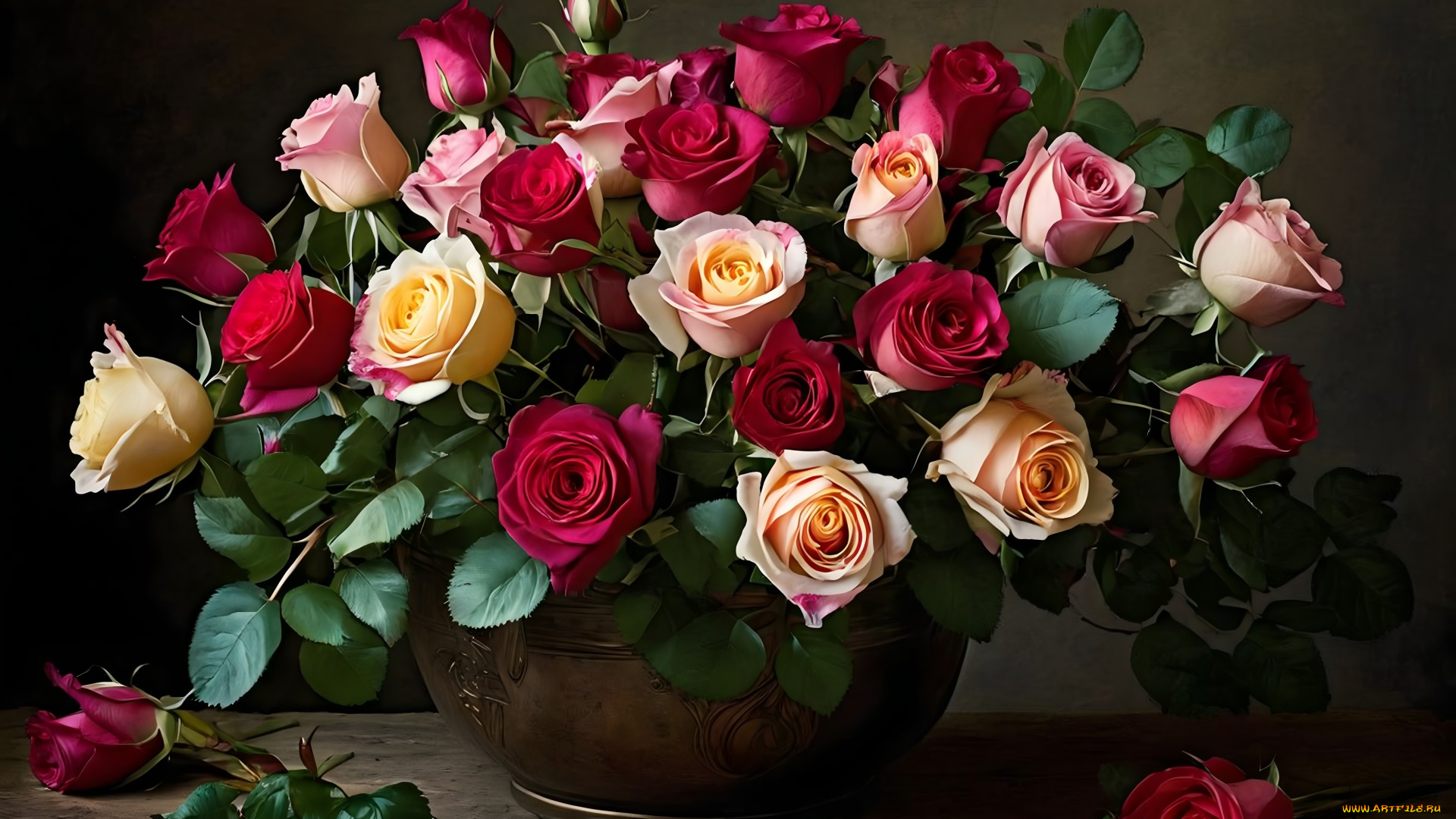 рисованное, цветы, ваза, букет, розы, бутоны, разноцветные