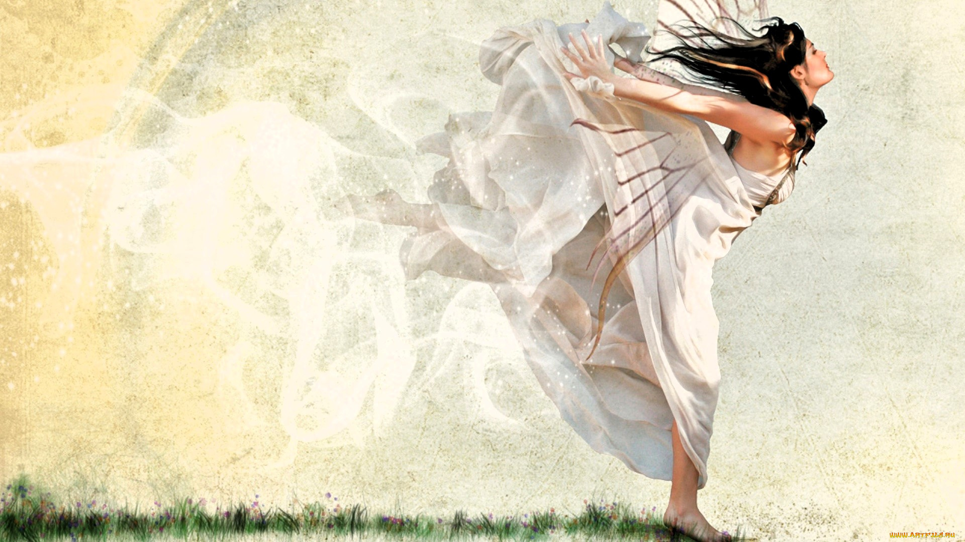 рисованное, люди, девушка, платье, ветер, трава