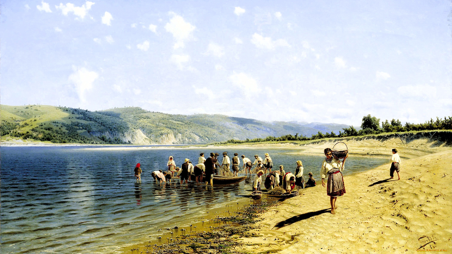 рисованное, николай, сергеев, люди, река, берега, песок, лодки