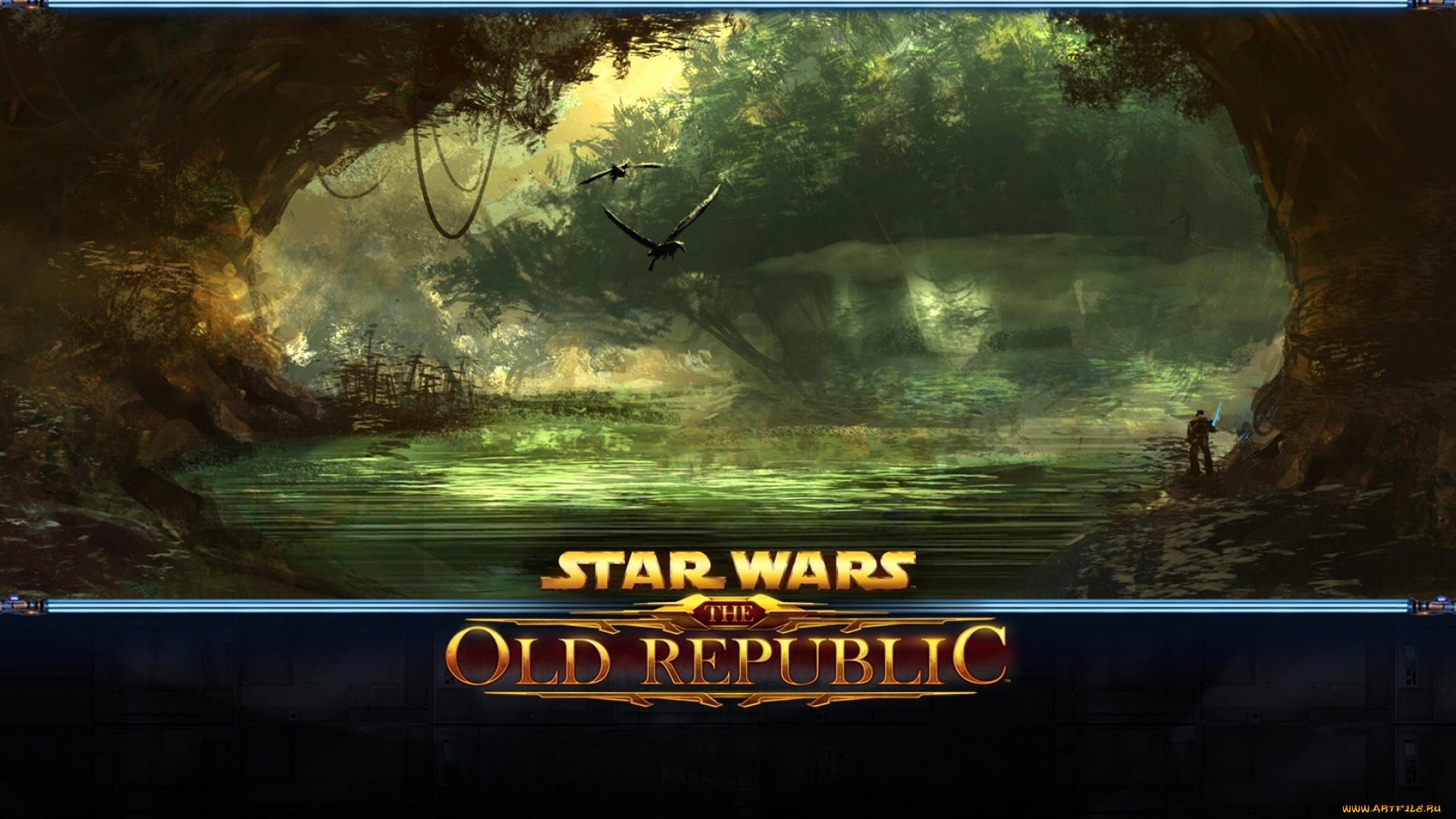 видео, игры, star, wars, , the, old, republic, человек, природа, деревья, арка, озеро, птицы