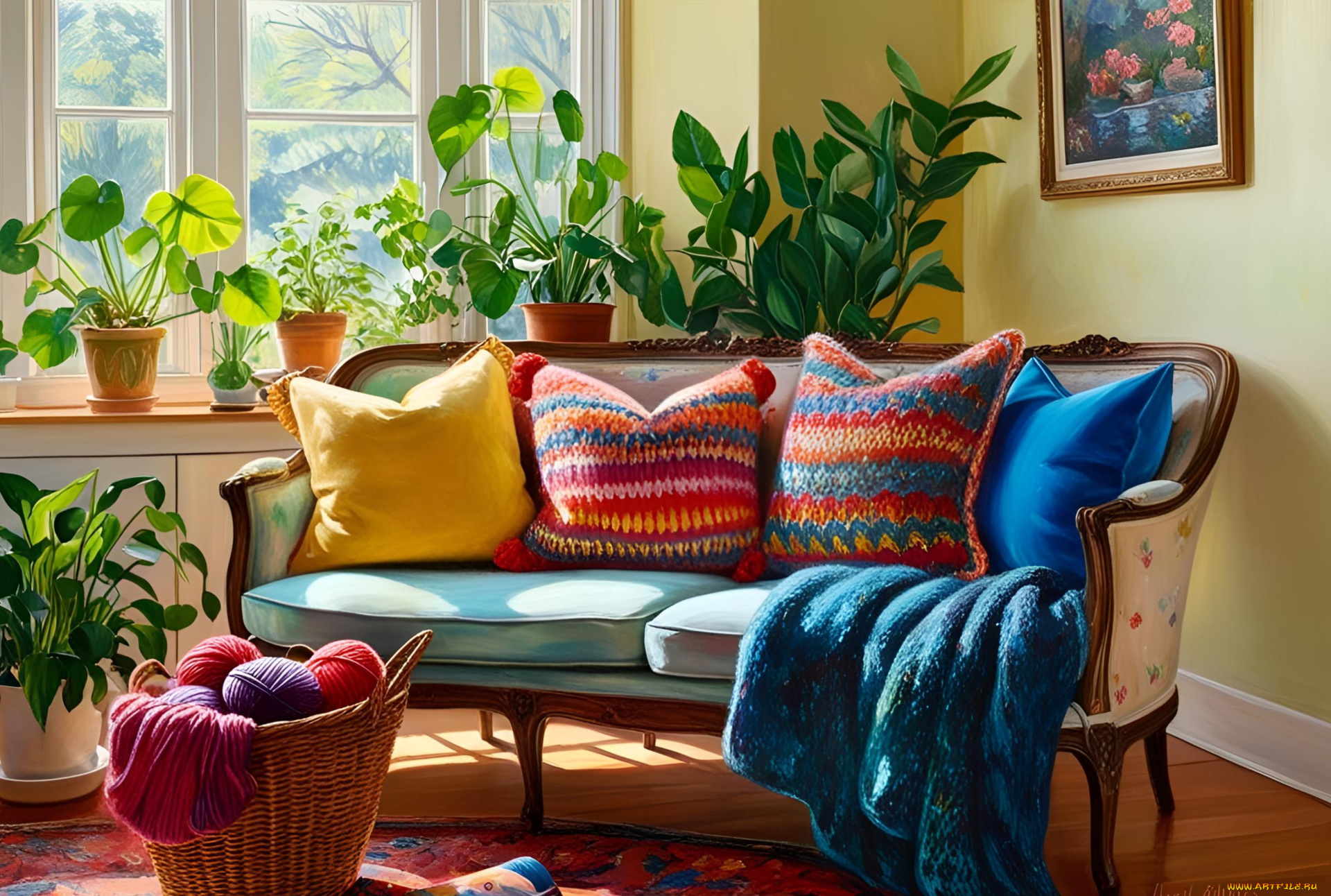рисованное, -, другое, комната, диван, подушки, корзинка, вязание