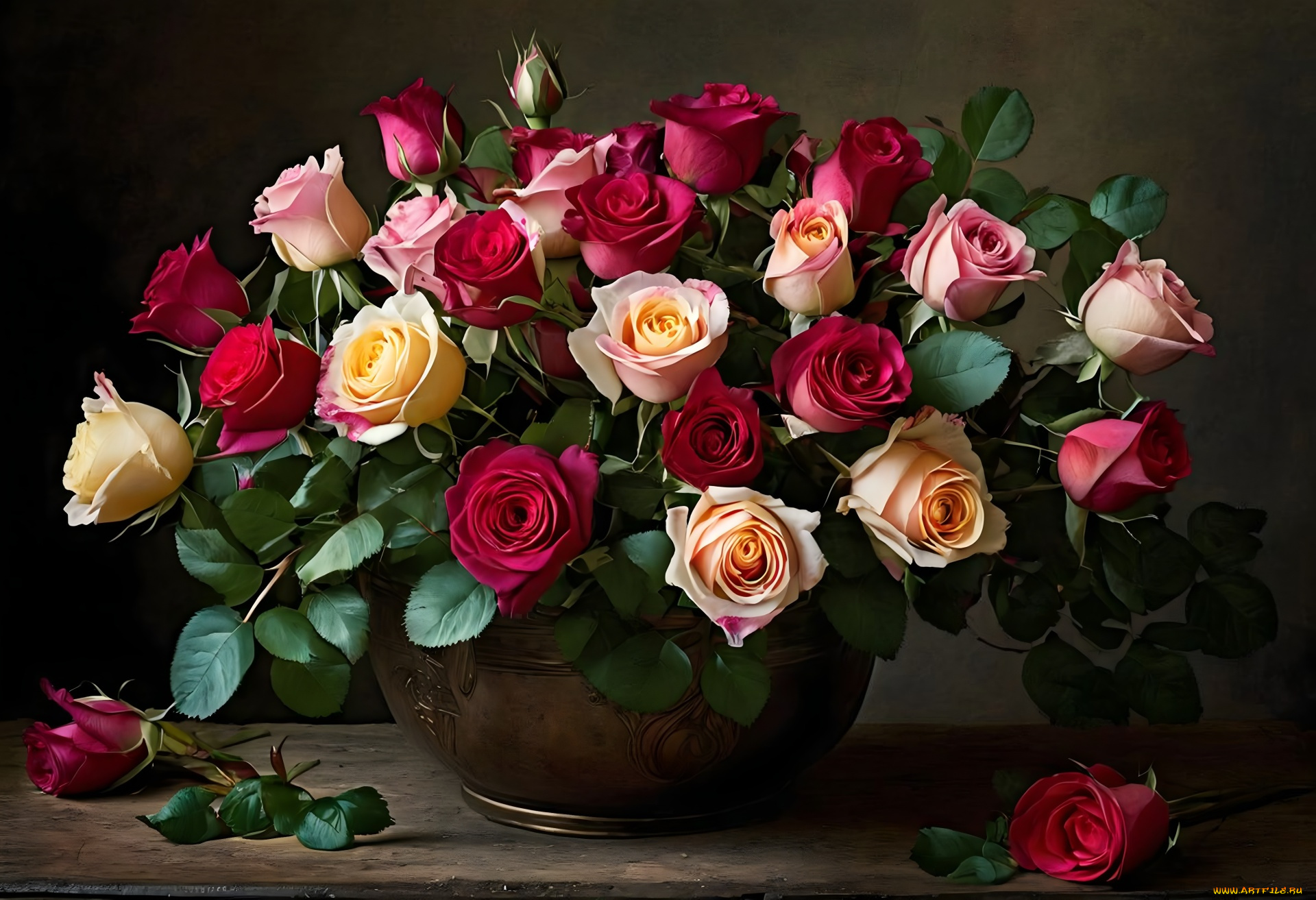 рисованное, цветы, ваза, букет, розы, бутоны, разноцветные
