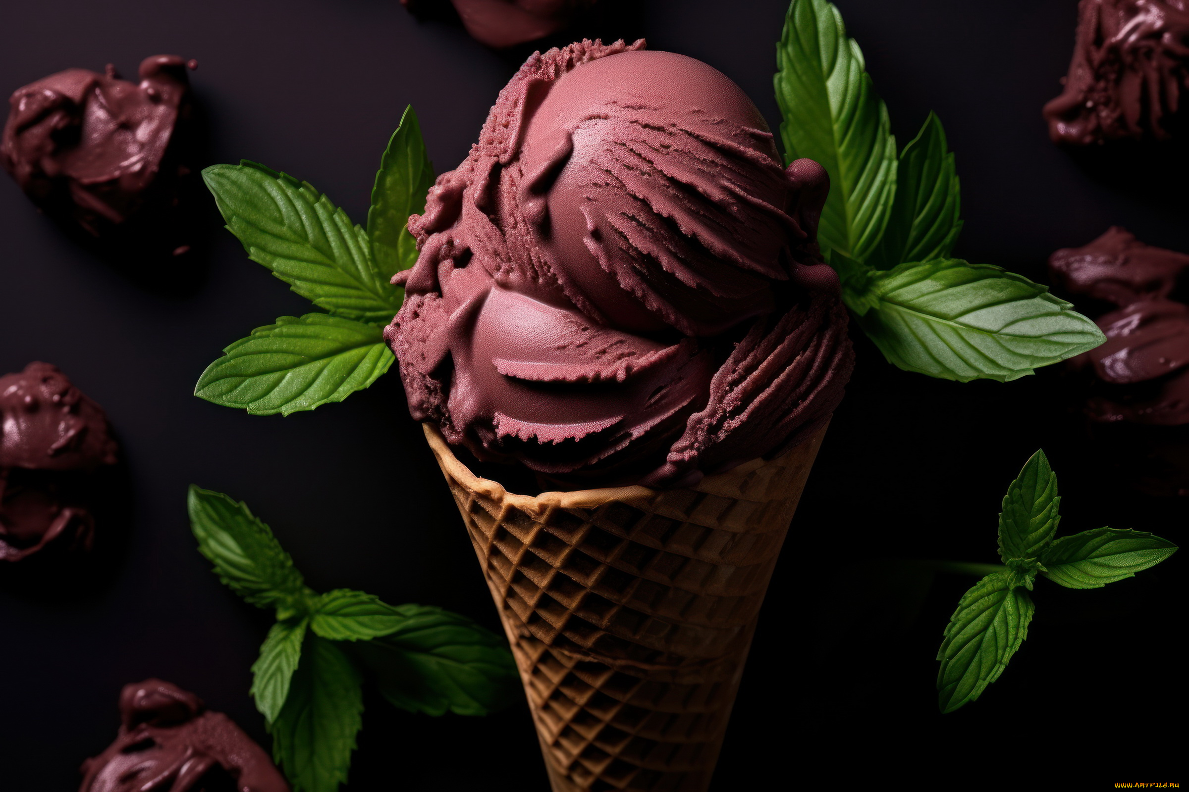 3д, графика, еда-, food, вафельный, рожок, шоколадное, мороженое, мята, десерт