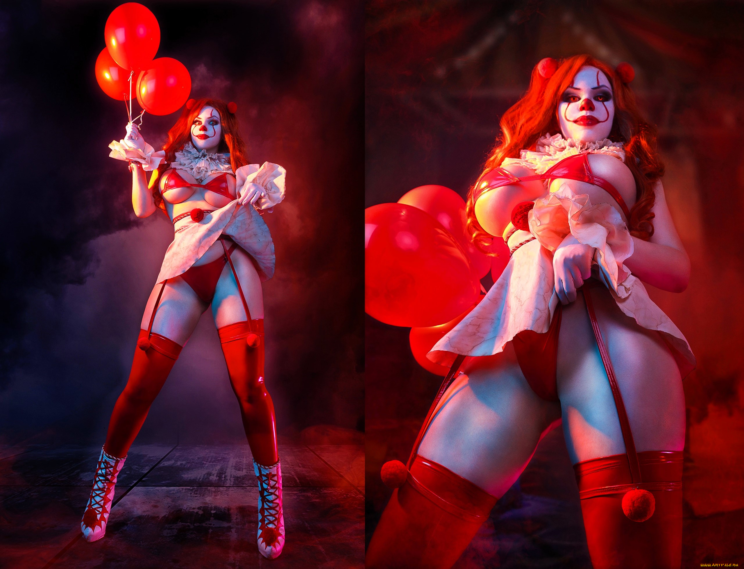 девушки, алиса, арефьева, образ, косплей, наряд, костюм, клоунесса, белье, чулки, шарики, upskirt, под, юбкой, трусики, приподняла, задралась, вид, спереди, снизу