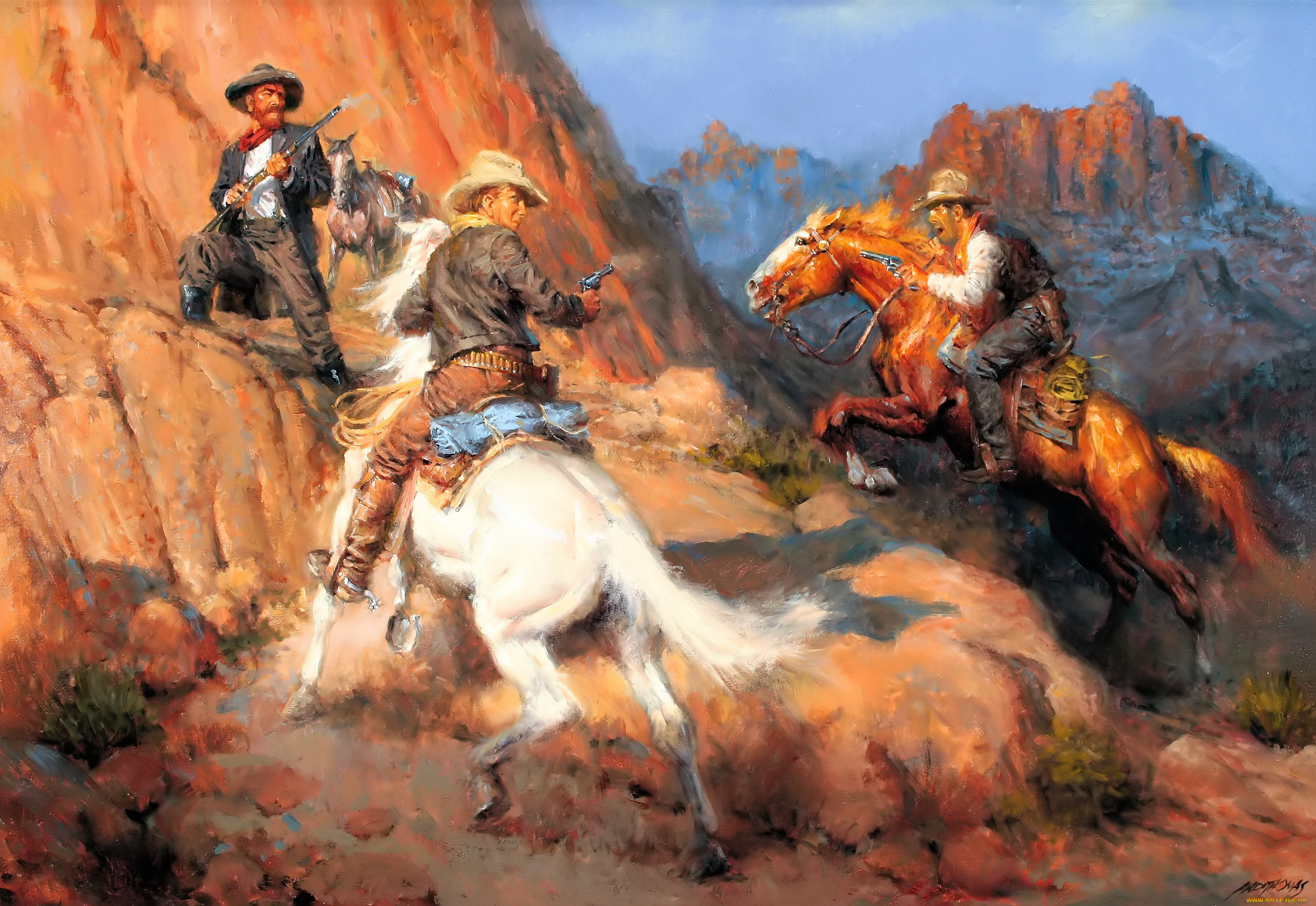 рисованное, andy, thomas, всадники, ковбои, лошади, оружие, скалы