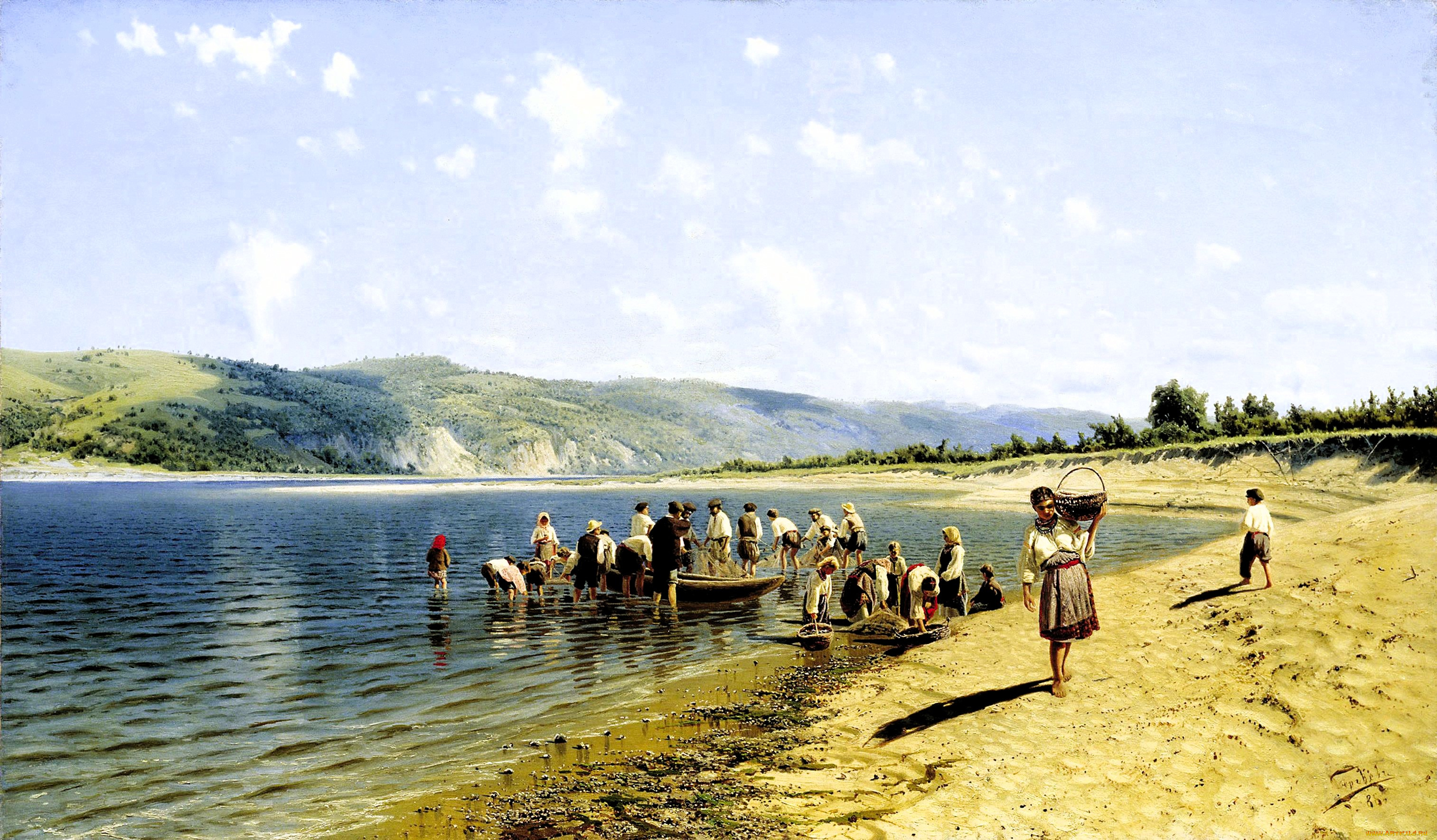 рисованное, николай, сергеев, люди, река, берега, песок, лодки