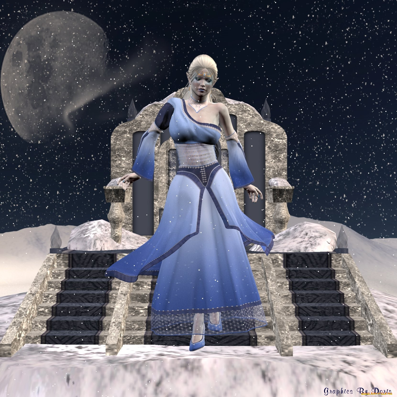 3д, графика, elves, эльфы, эльф, луна, лесница