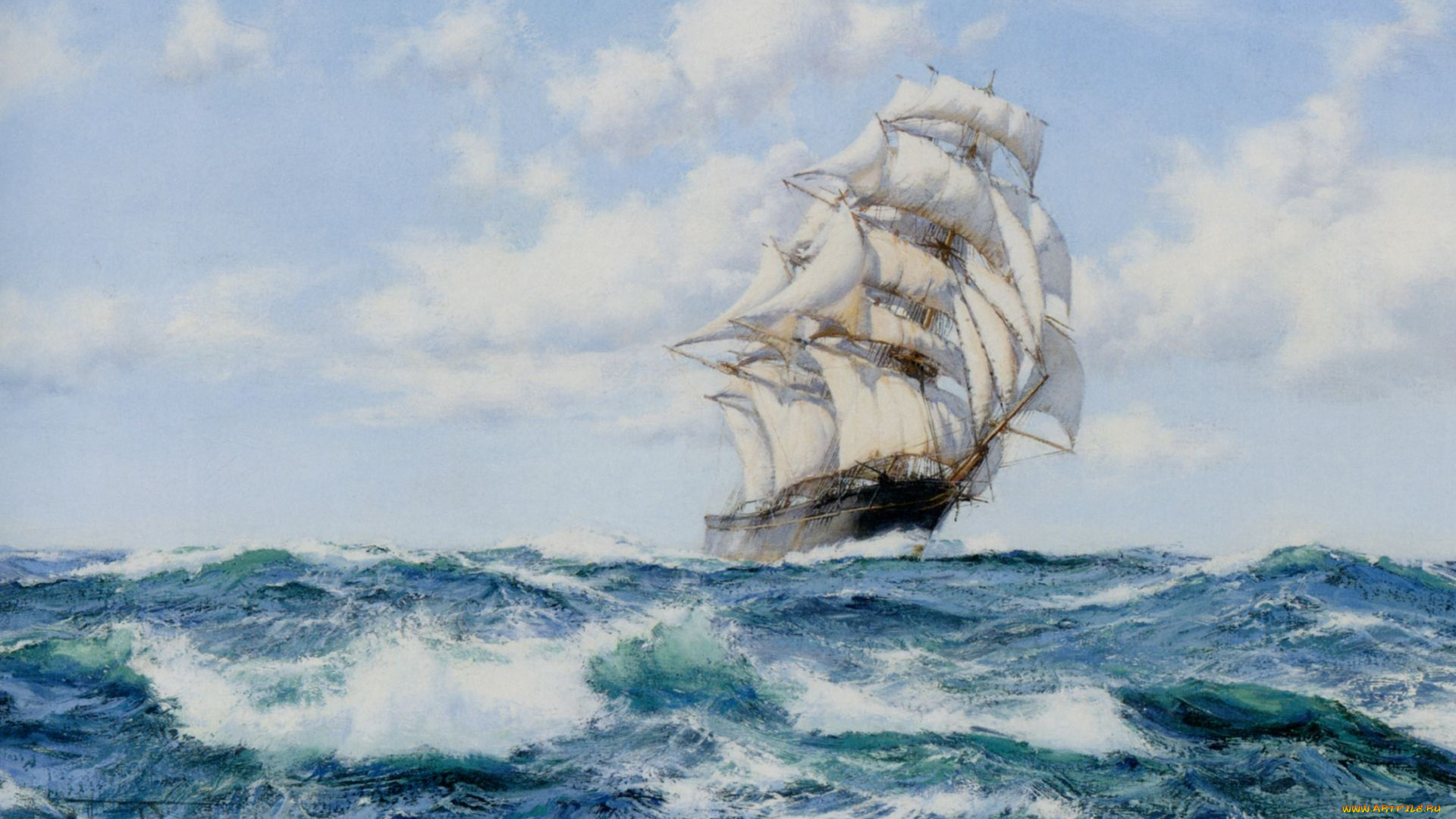 montague, dawson, рисованные, море, парусник