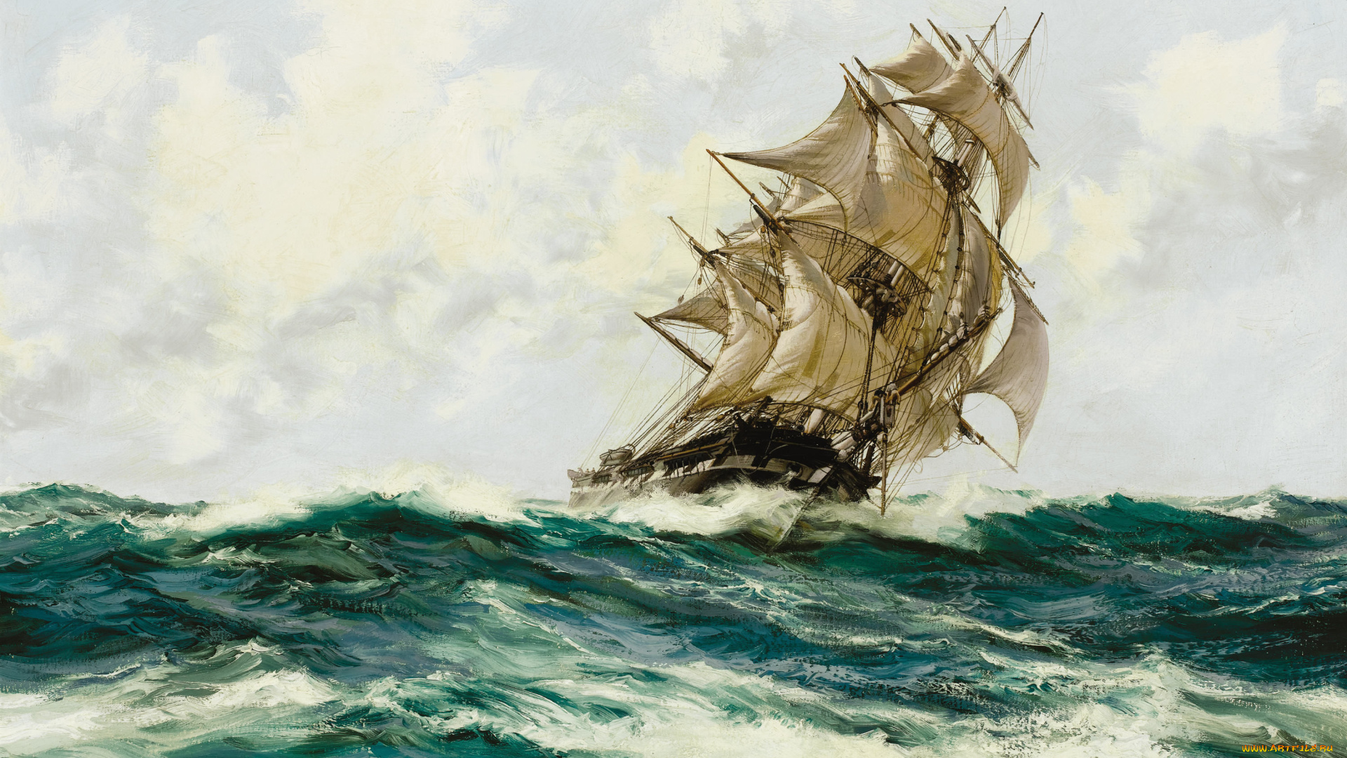 montague, dawson, рисованные, море, парусник