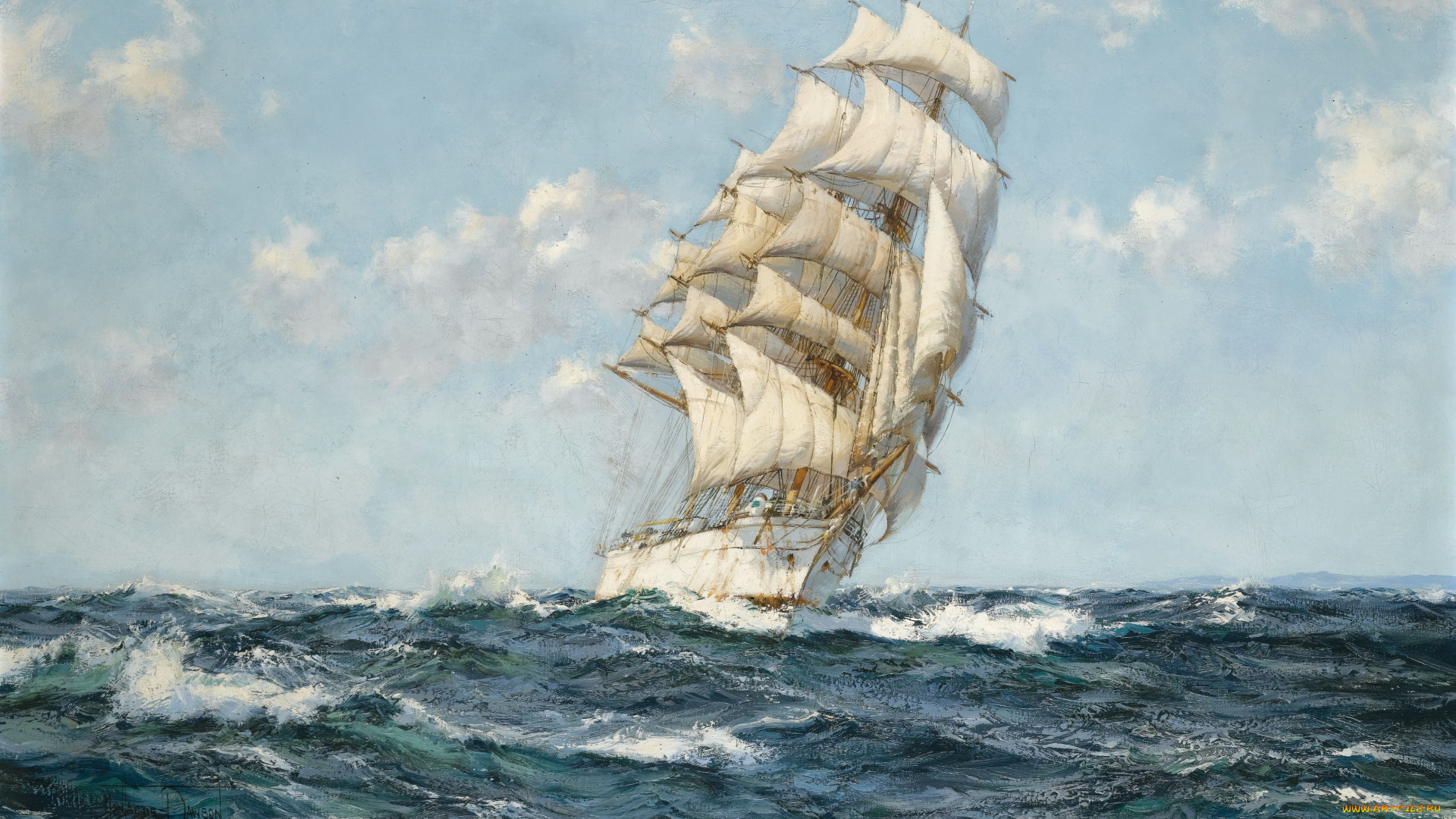 montague, dawson, рисованные, море, парусник