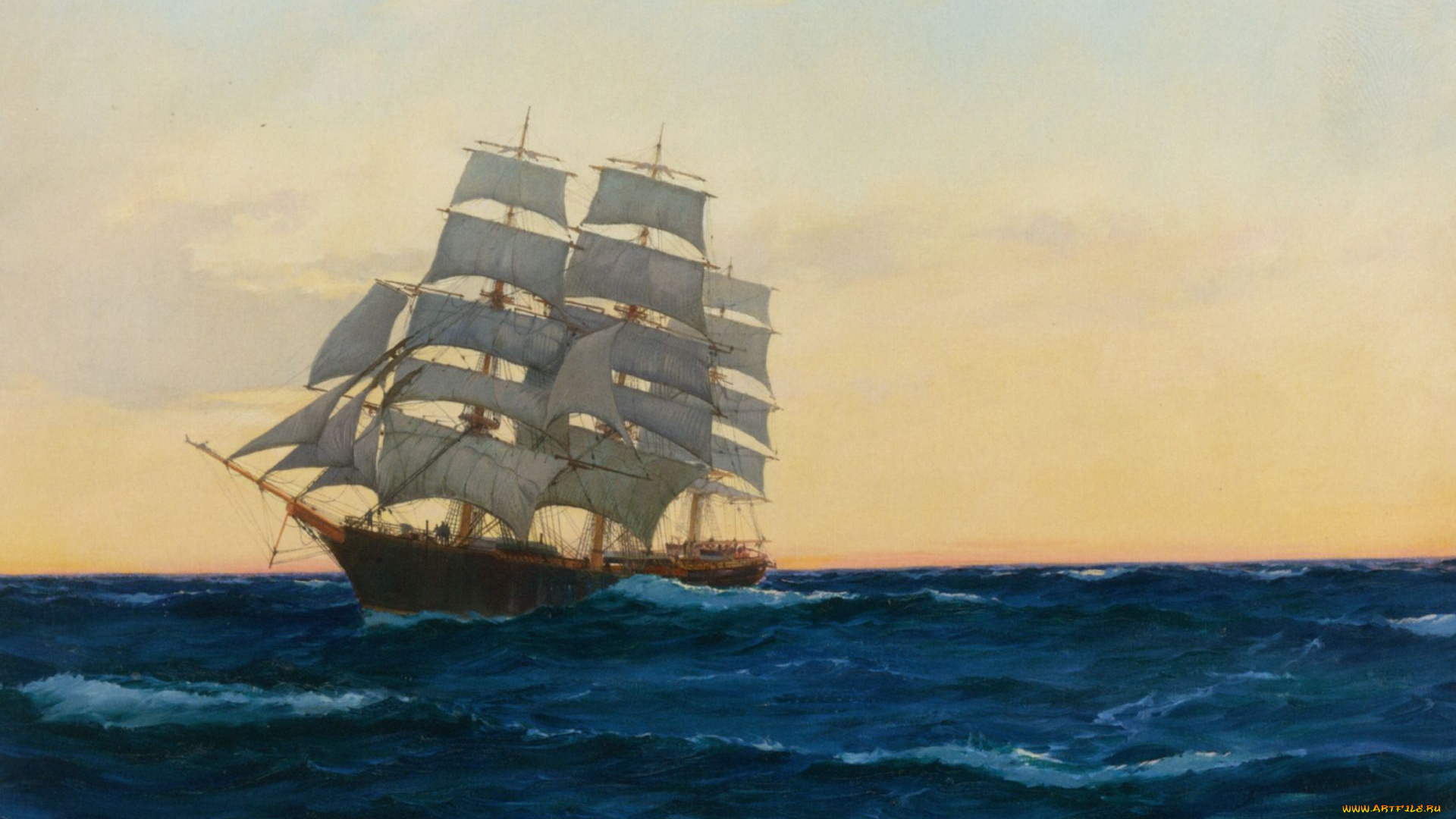 montague, dawson, рисованные, парусник, море