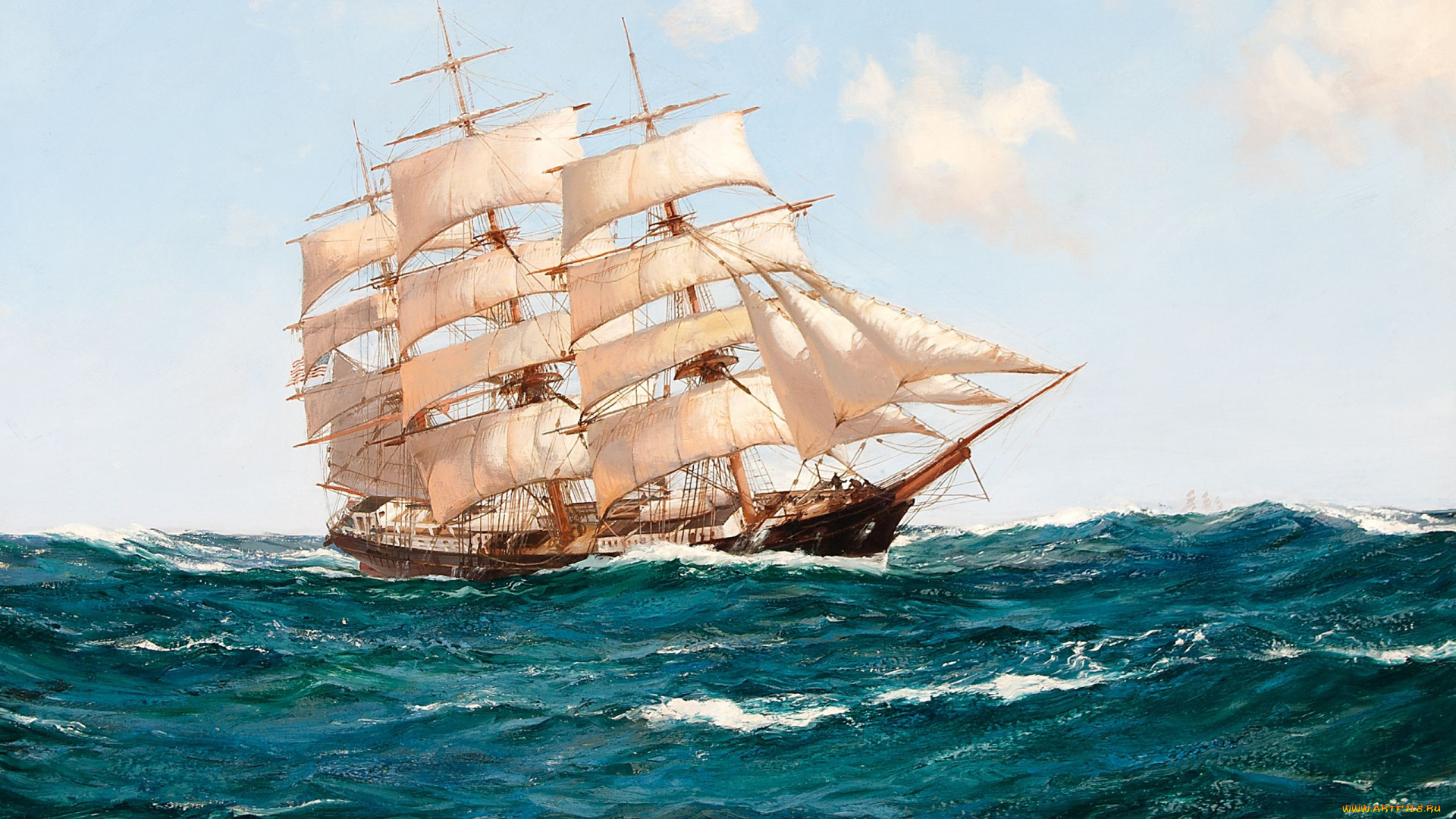 montague, dawson, рисованные, парусник, море