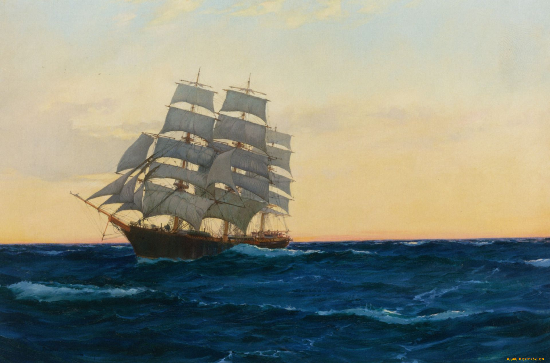 montague, dawson, рисованные, парусник, море