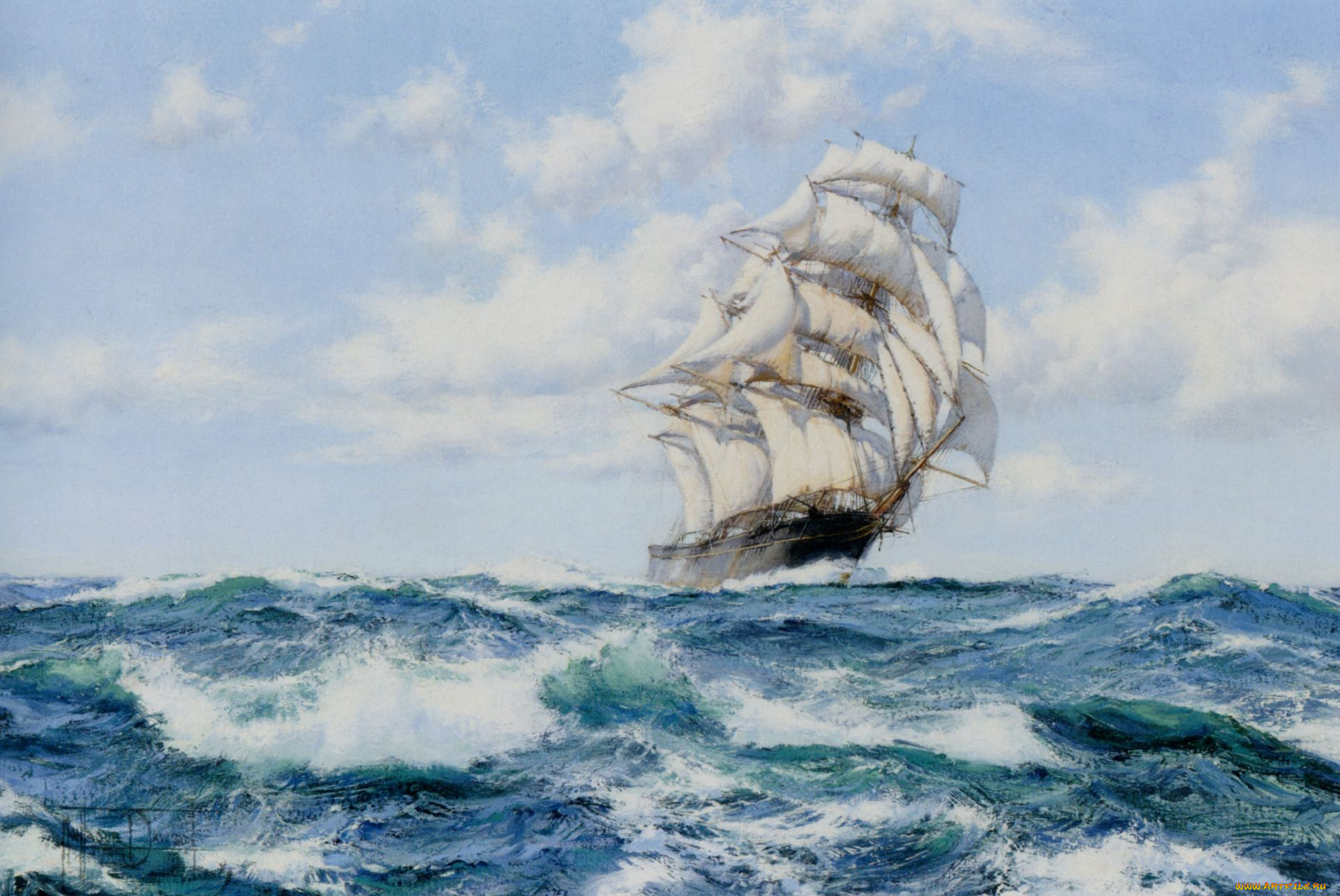 montague, dawson, рисованные, море, парусник