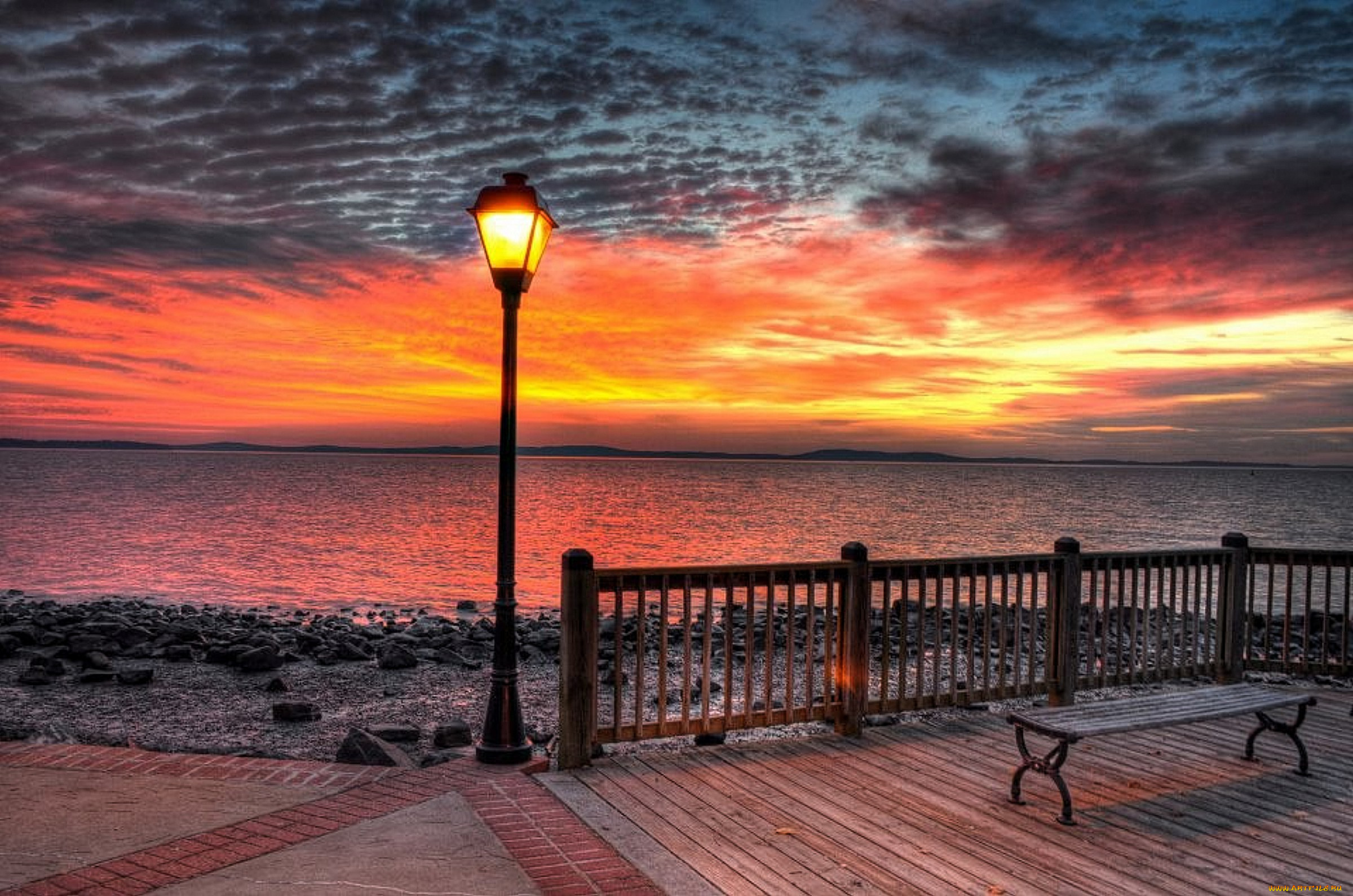 природа, восходы, закаты, закат, набережная, фонарь, скамейка
