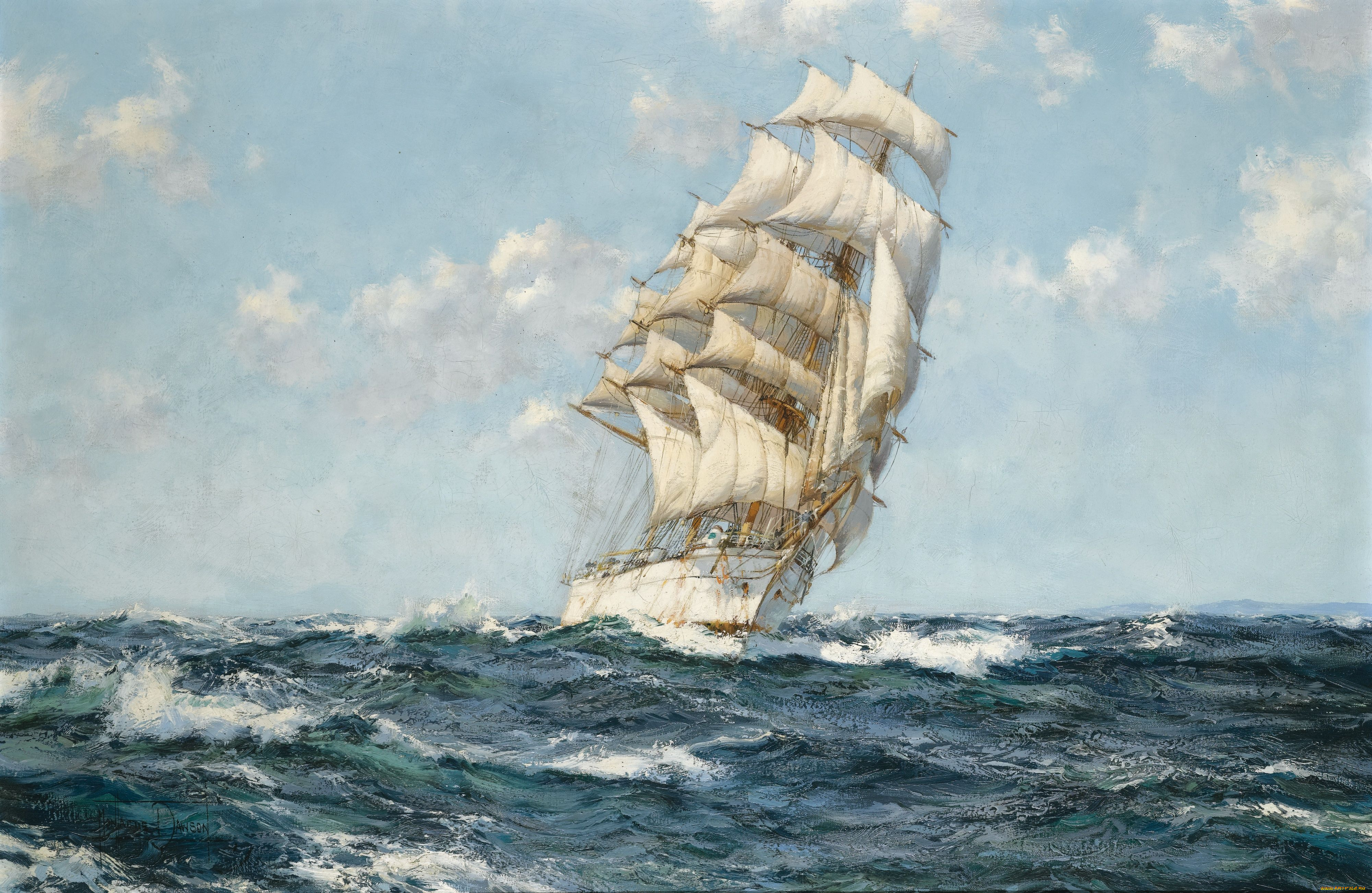 montague, dawson, рисованные, море, парусник